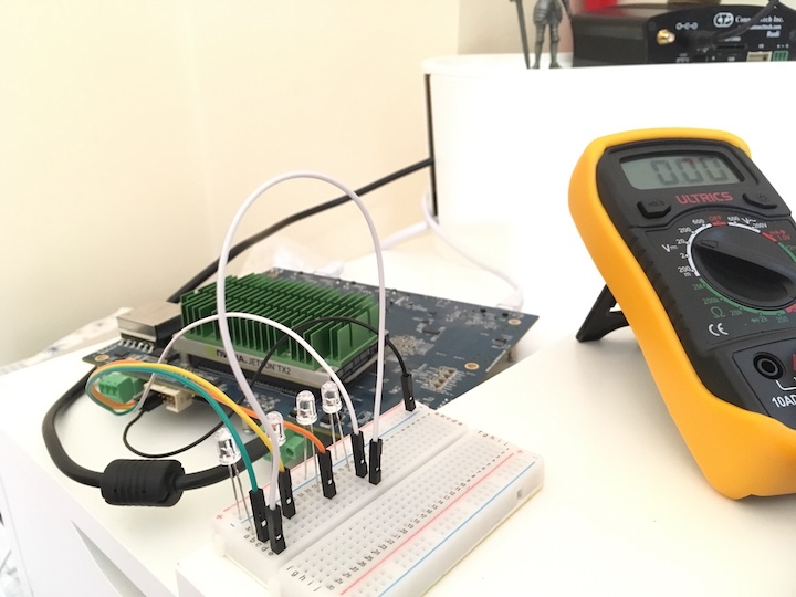 A simple circuit with 4 leds powered using GPIO pin module on cogwell