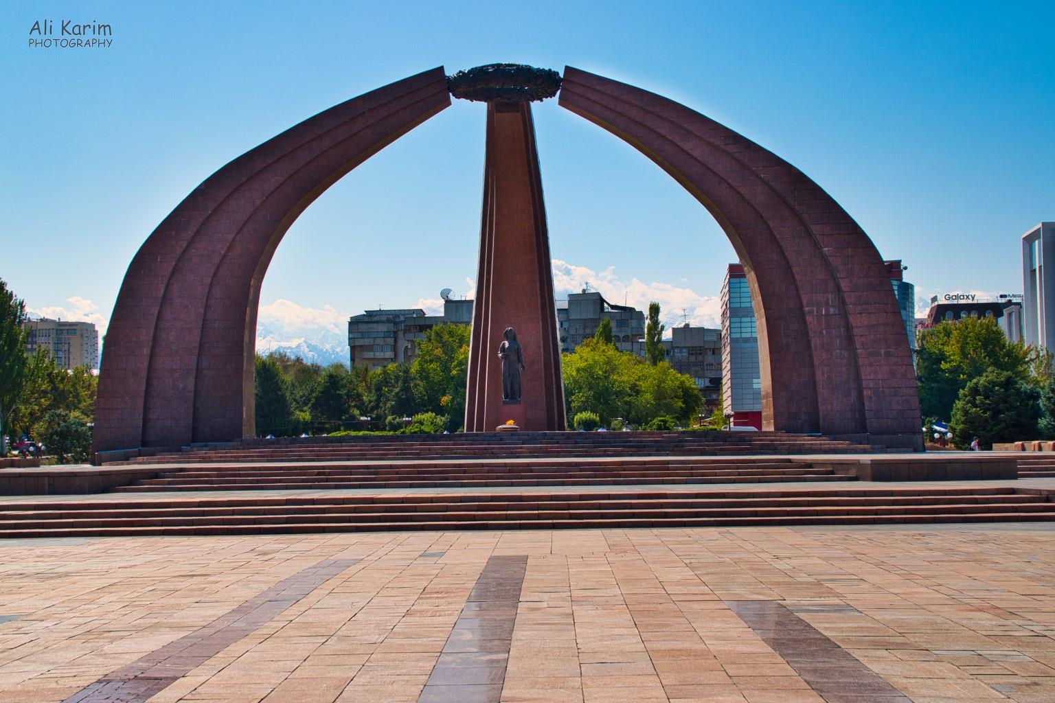 Victory Park Memorial with eternal flame; statue is that of a wife waiting in vain for her husband to return from WW2 Silk Road 14 Bishkek Victory Park Memorial with eternal flame; statue is that of a wife waiting in vain for her husband to return from WW2