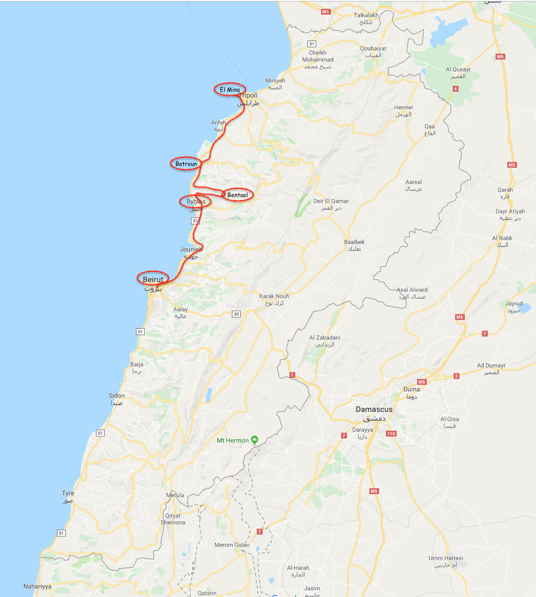 Map Beirut to Tripoli Map
