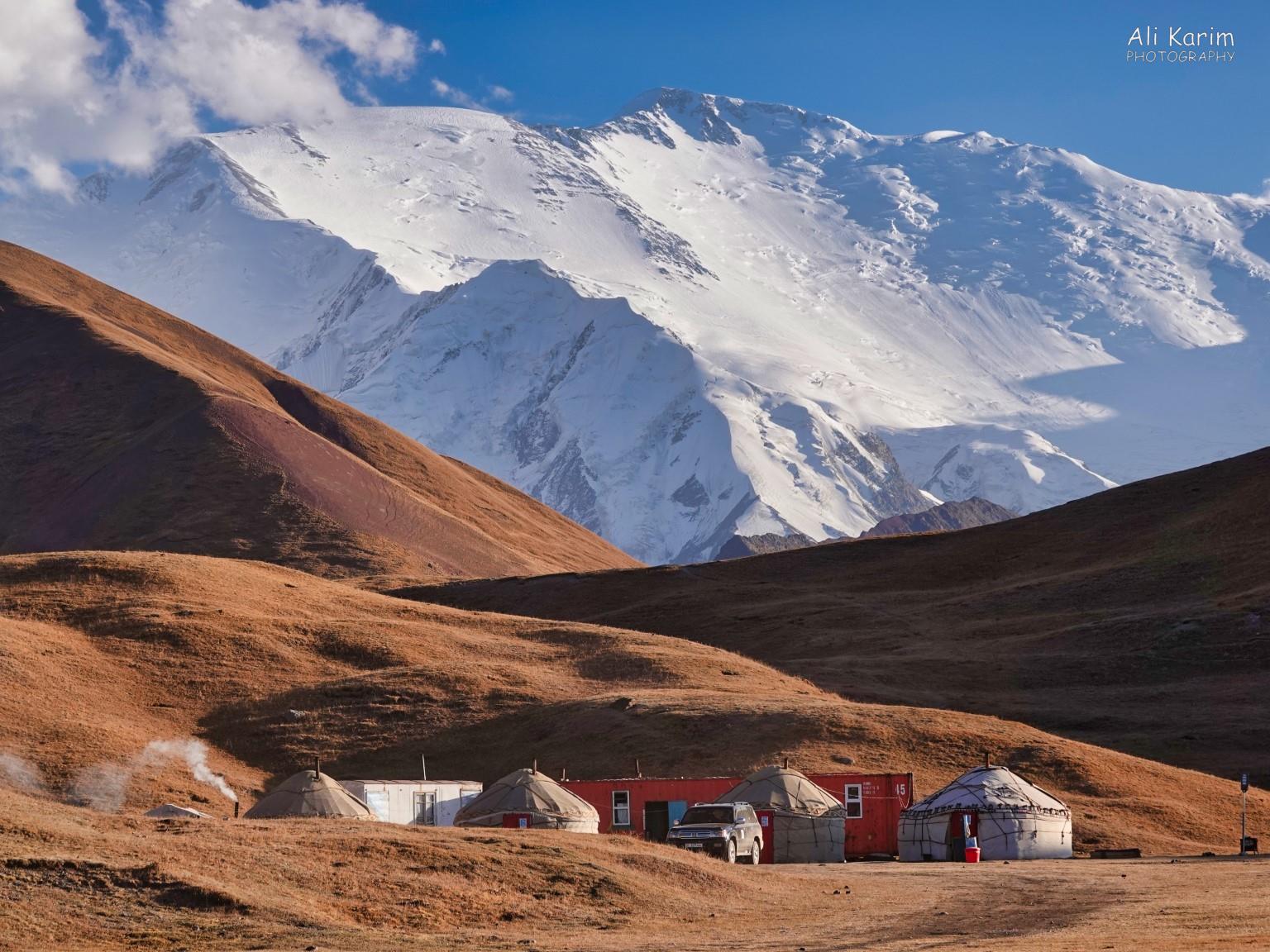 Our Yurt Camp, under majestic Lenin Peak towering at 7134m or 23,406ft above sea level Silk Road 16: More Osh, Kyrgyzstan Our Yurt Camp, under majestic Lenin Peak towering at 7134m or 23,406ft above sea level