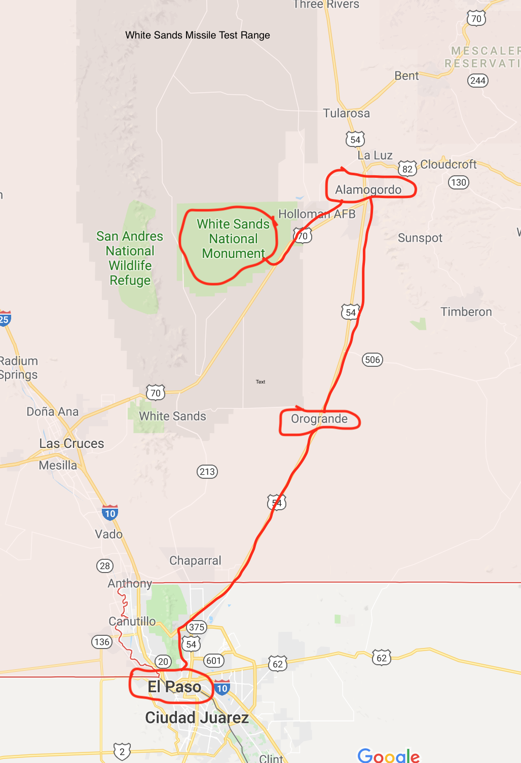 White Sands trip Map White Sands trip Map