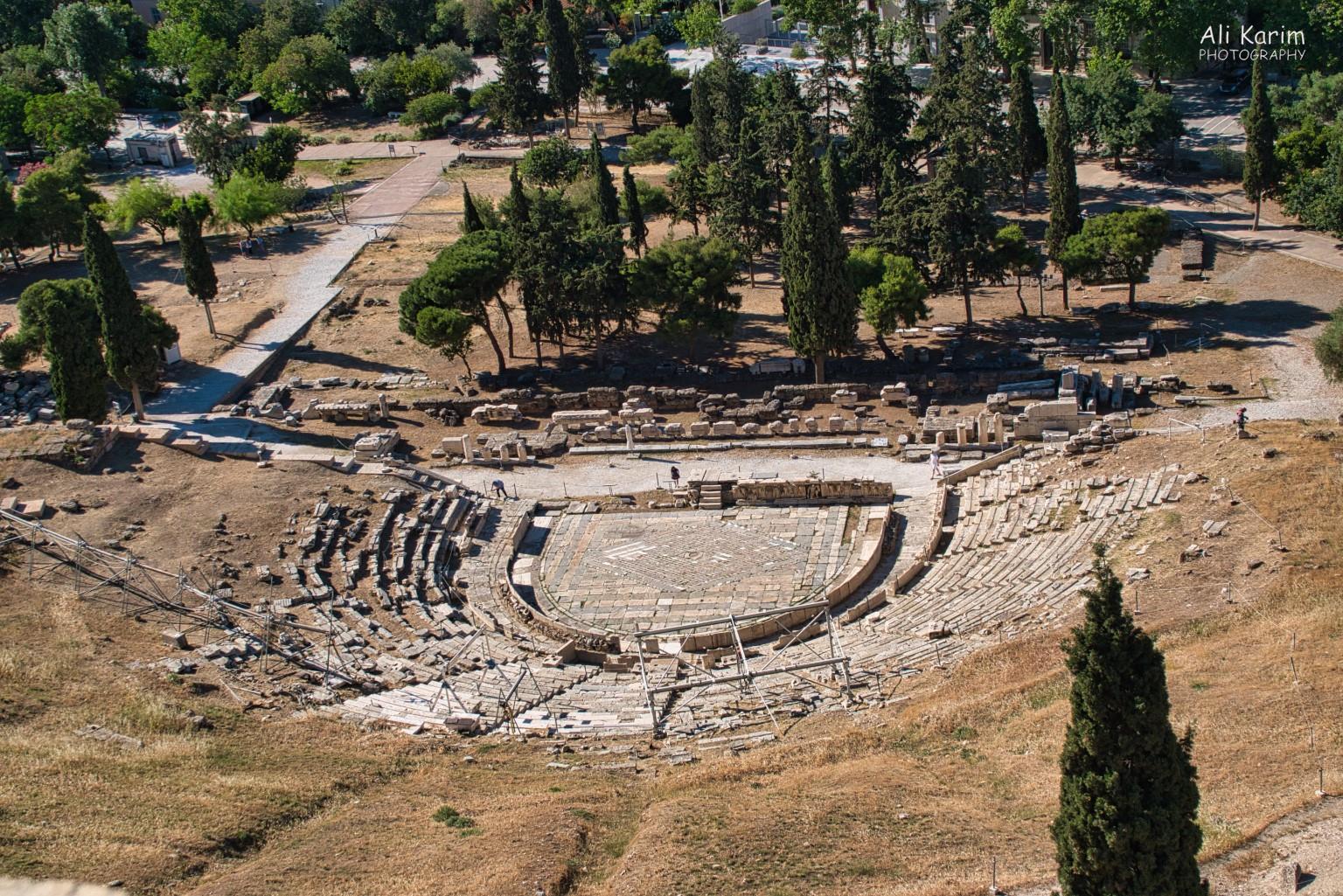 Athens, Greece, June, 2021, The Theatre of Dionysus, on the south side of the Acropolis hill; probably the oldest theatre in the world