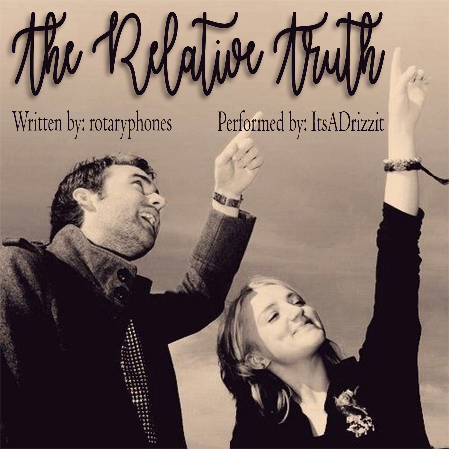 The Relative Truth podfic cover featuring a sepia-tone photo of Neville and Luna smiling and pointing to the sky with the podfic title and author/reader credits above.
