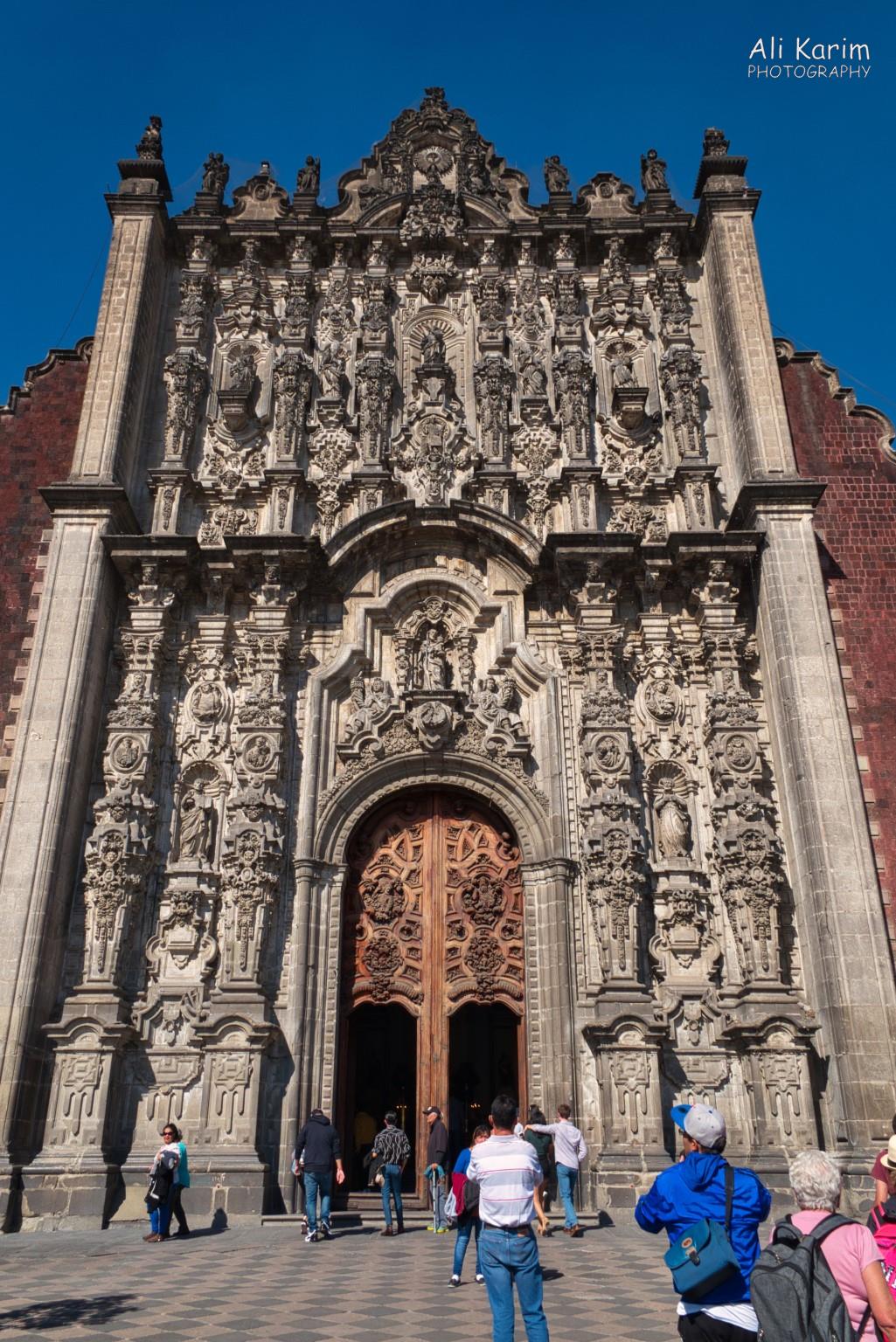 Mexico City, Mexico, Dec 2019, Intricate carvings on the Metropolitan Cathedral entrance