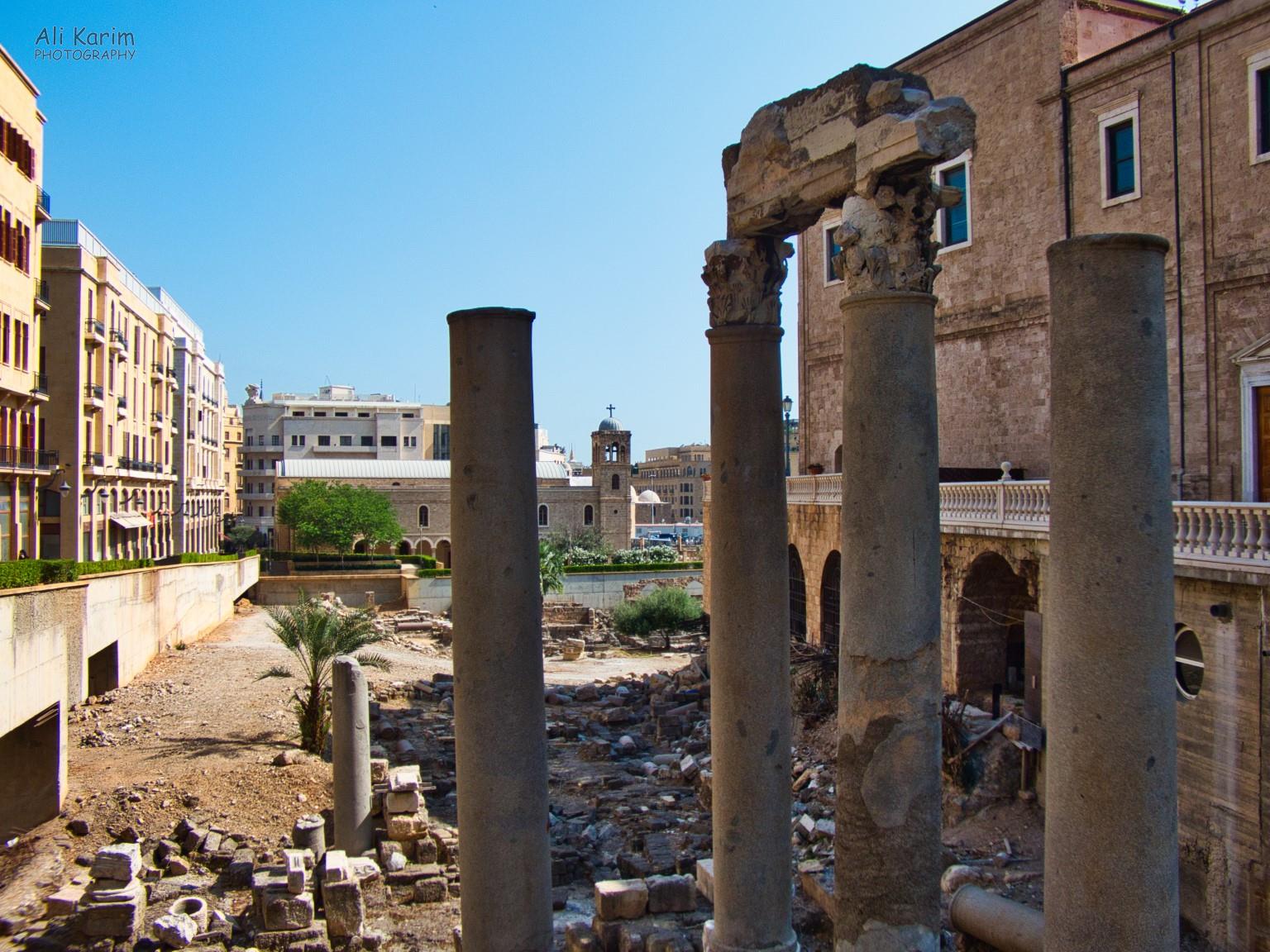 In the city center were ancient Roman runis, with St Georges Maronite Church on the left, the Mohammed Al-Amin mosque on the right and the St George Greek orthodox church in the background. Beirut In the city center were ancient Roman runis, with St Georges Maronite Church on the left, the Mohammed Al-Amin mosque on the right and the St George Greek orthodox church in the background.