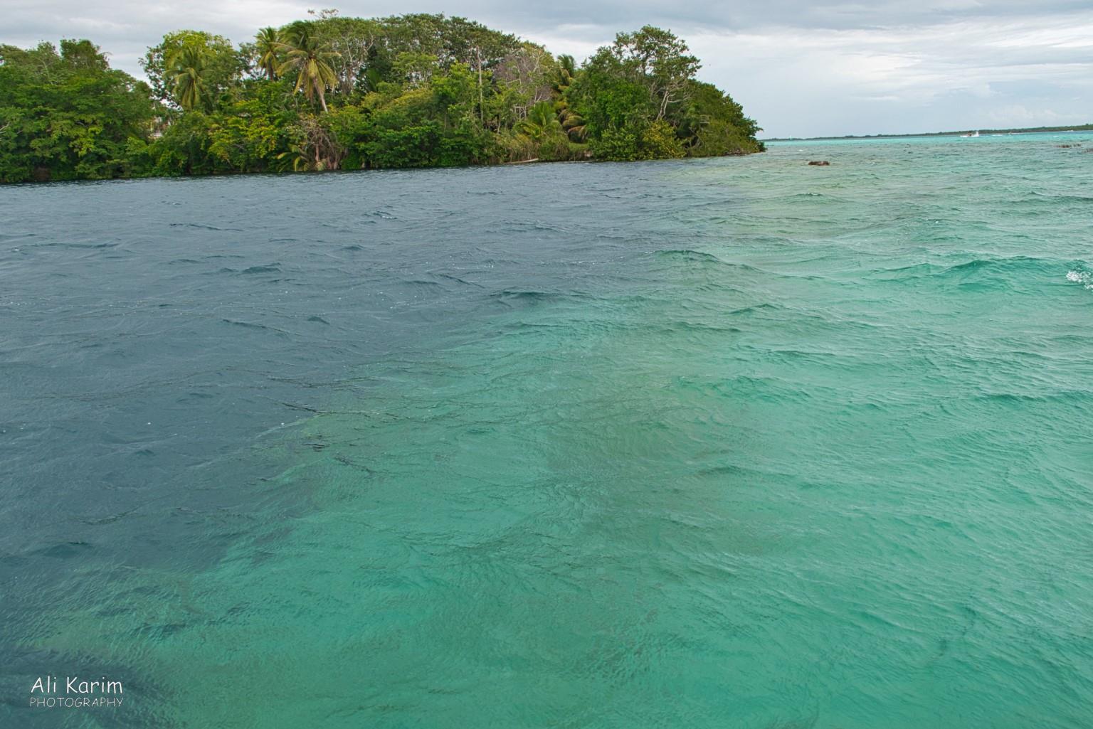 Bacalar & Mahahual, Mexico, Jan 2020, Notice the abrupt change in color of the laguna, the dark color denotes a very steep drop from shallow sandy part into a deep cenote.