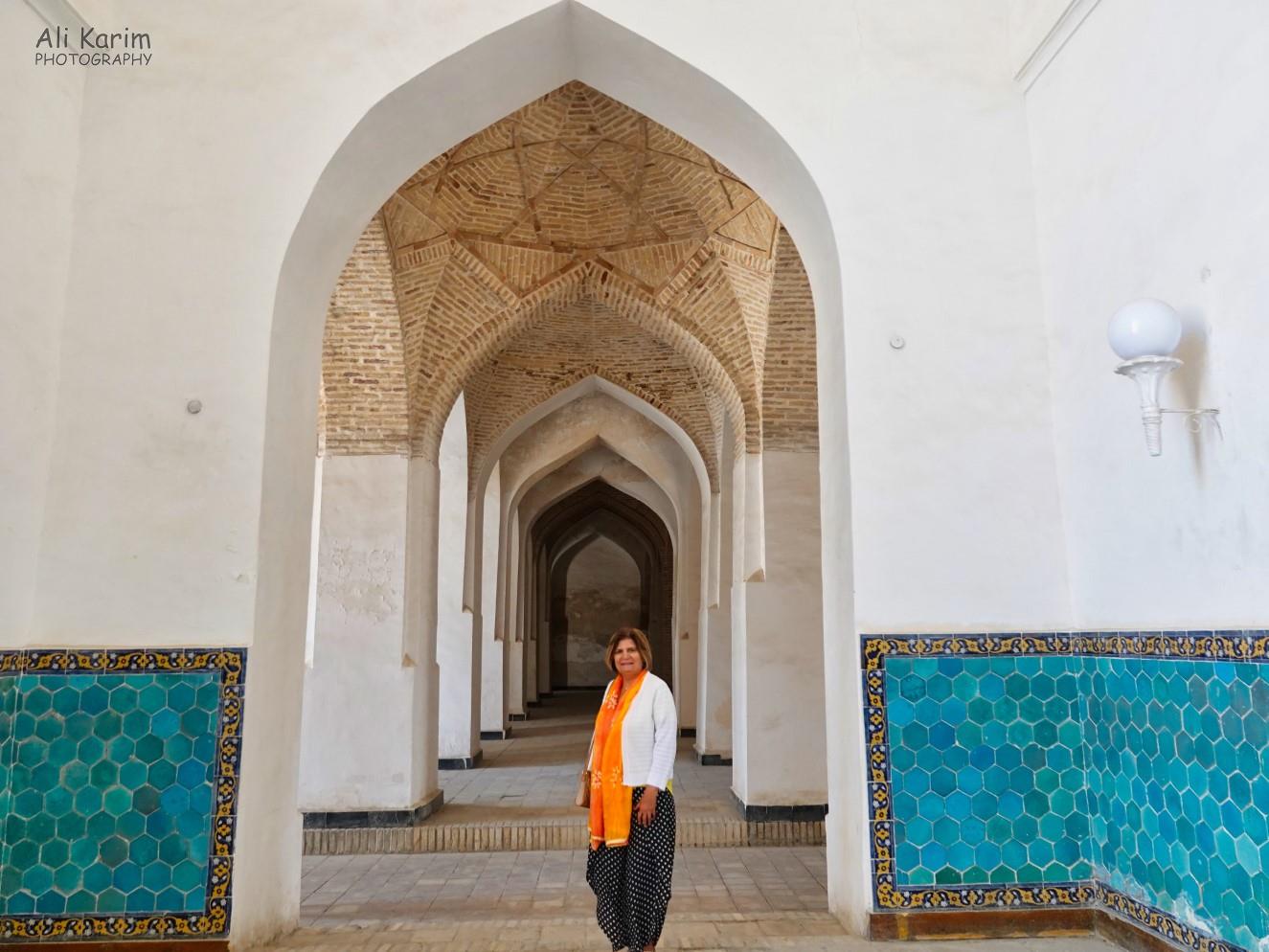 The sides of the mosque were long covered corridors with beautiful brick and tile work Bukhara, Oct 2019, The sides of the mosque were long covered corridors with beautiful brick and tile work