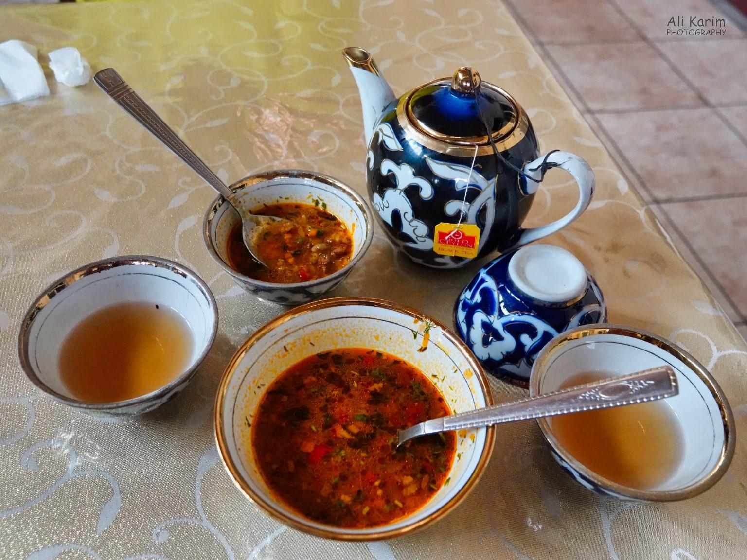 Tashkent, Oct 2019, Tea and snack of musark; a soup of minced meat and vegetables; quite tasty.