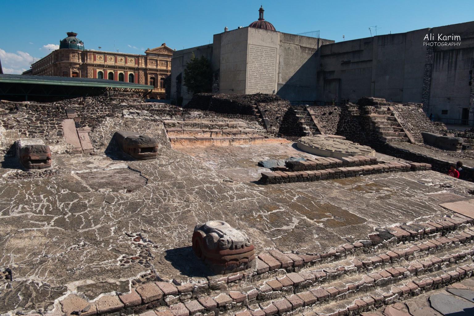 Mexico City, Mexico, Dec 2019, Ancient Mayan temple (The ceremonial center of Aztec Tenochtitlán, known as the Teocalli) excavated right in the Zocalo square outside the Metropolitan Cathedral