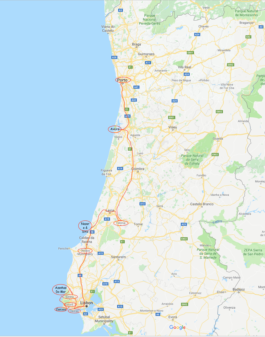 Full Portugal trip map West of Lisbon Full Portugal trip map