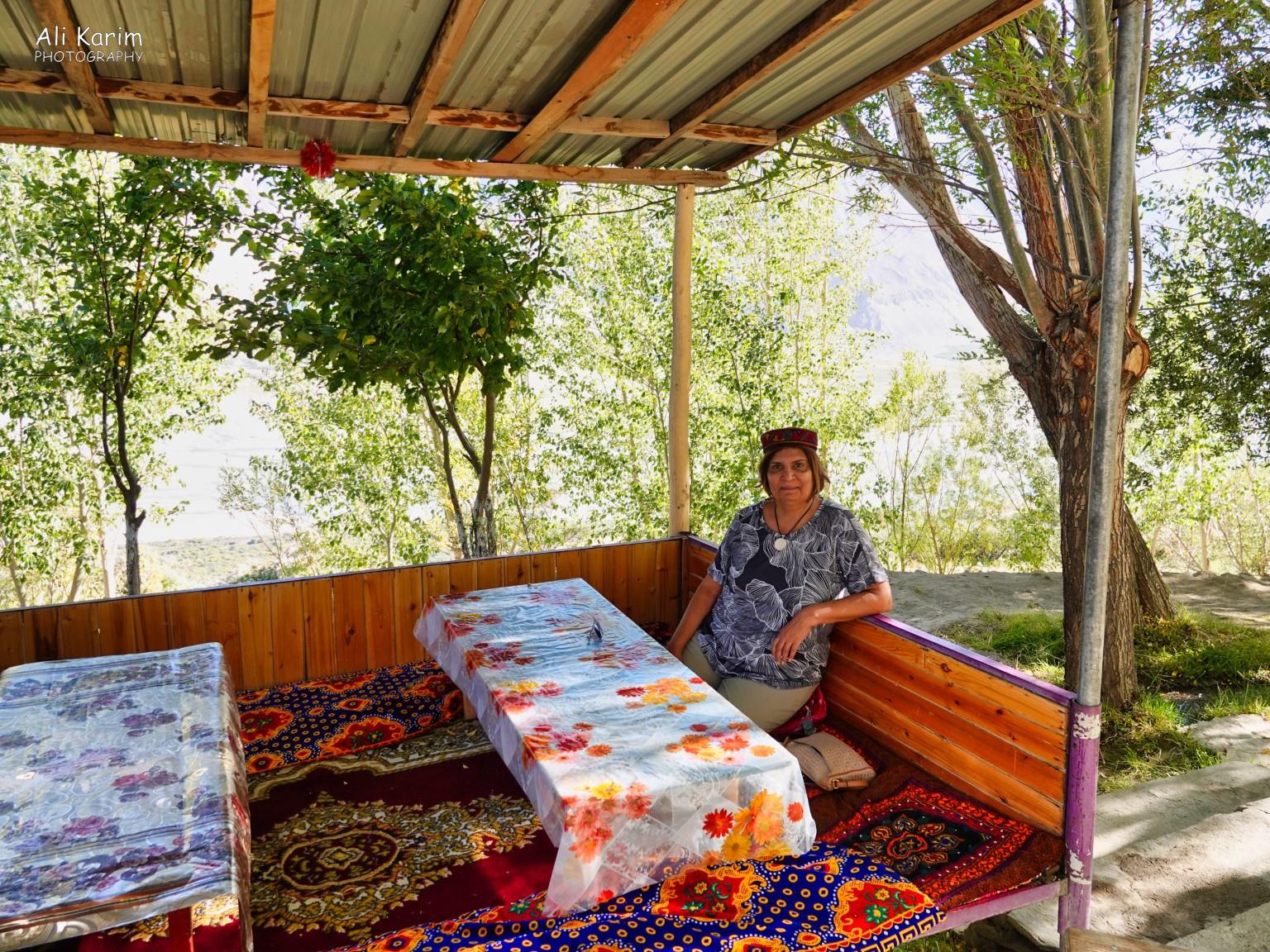 Lunch at Churshanbe homestay high-up overlooking the Panj river and Afghanistan opposite. Langar, Bulunkul Tajikistan, Lunch at Churshanbe homestay high-up overlooking the Panj river and Afghanistan opposite.