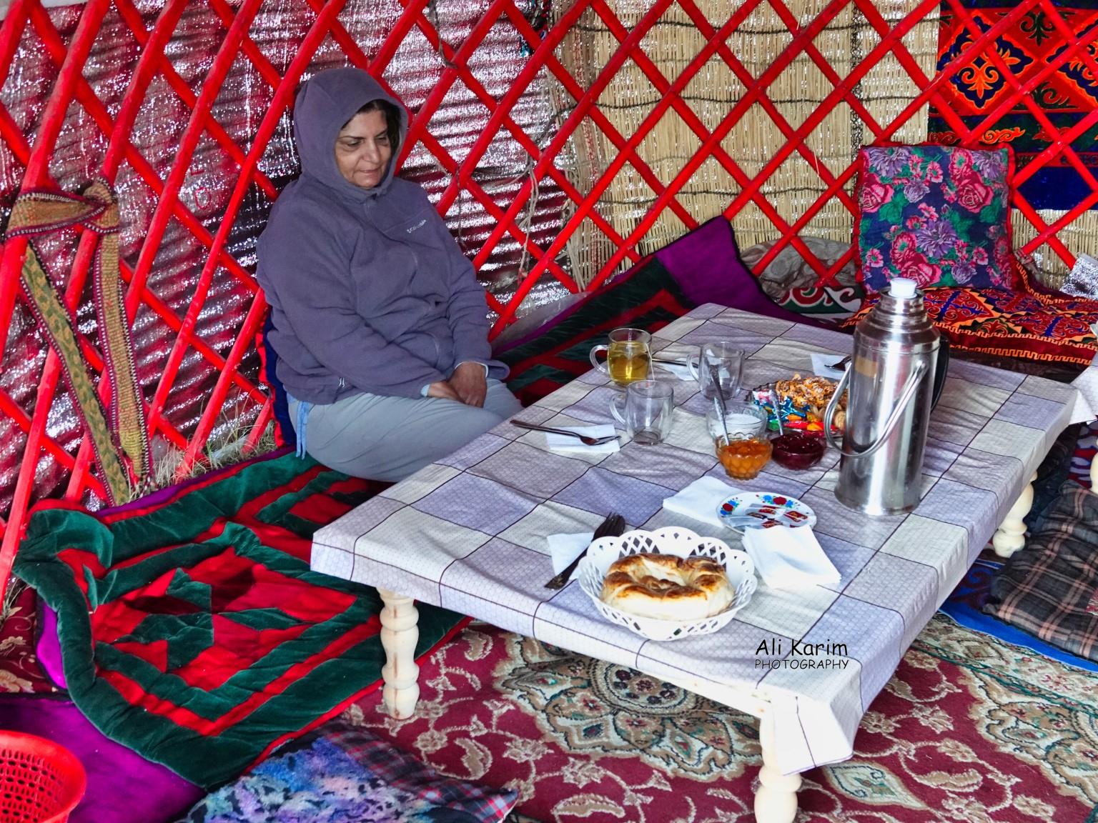 Breakfast at Lenin Peak Yurt Camp; hot tea, bread and jams. Silk Road 18: Murghab, Tajikistan Breakfast at Lenin Peak Yurt Camp; hot tea, bread and jams.