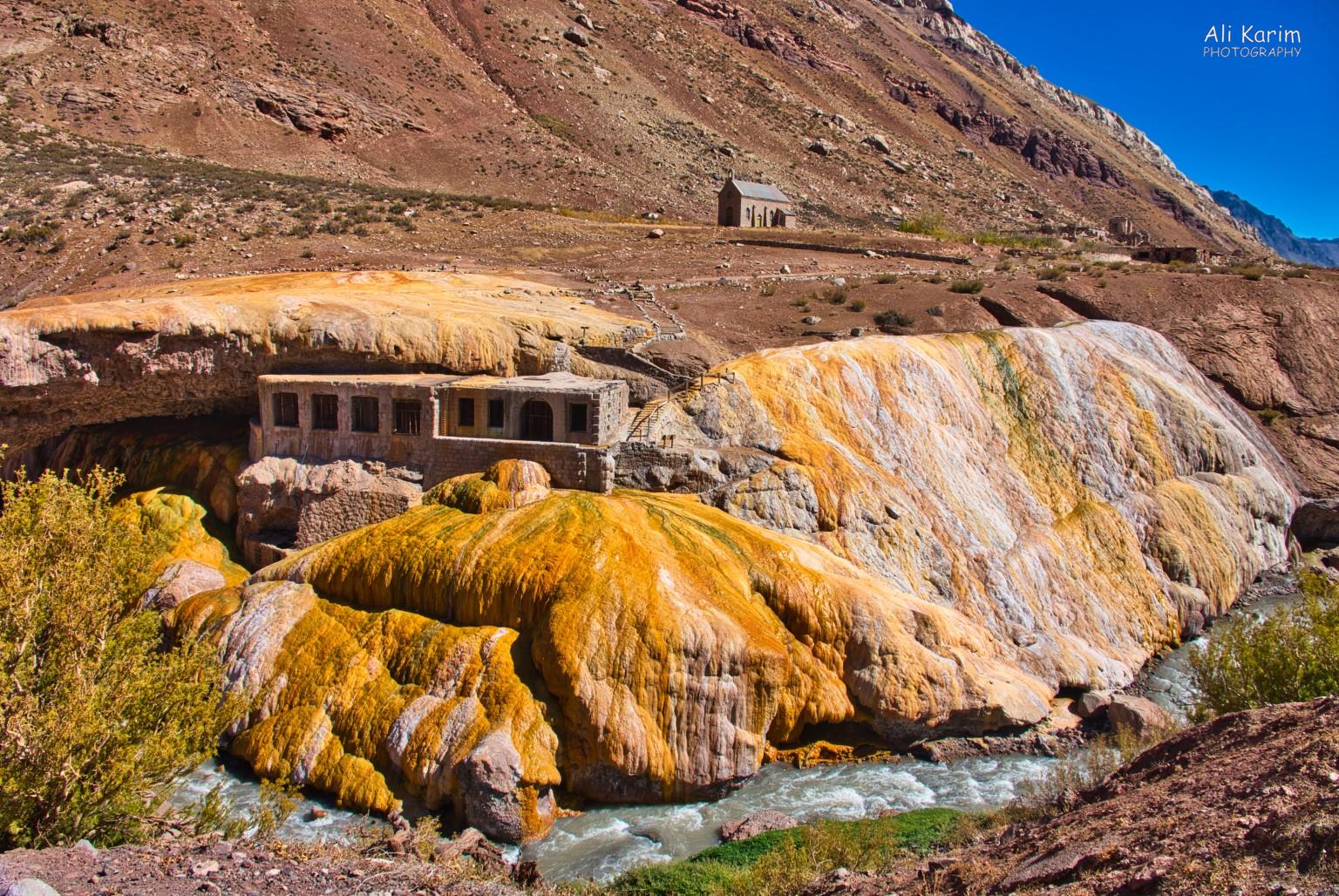 Puente del Incas is a natural arch that forms a bridge over the Las Cuevas River, a tributary of the Mendoza River. The arch & color is from the rich mineral deposits from a hot spring here. The building used to be a resort/spa at the thermal spring. More Mendoza, Argentina Puente del Incas is a natural arch that forms a bridge over the Las Cuevas River, a tributary of the Mendoza River. The arch & color is from the rich mineral deposits from a hot spring here. The building used to be a resort/spa at the thermal spring.
