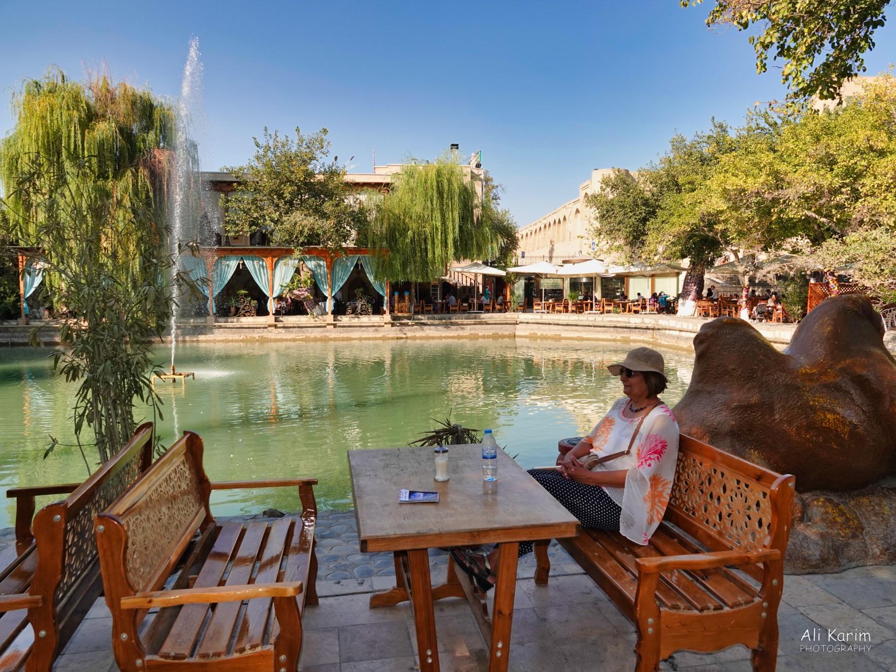 Chilling at the Main square outside our hotel; lively restaurant with nightly music in the back Bukhara, Oct 2019, Chilling at the Main square outside our hotel; lively restaurant with nightly music in the back