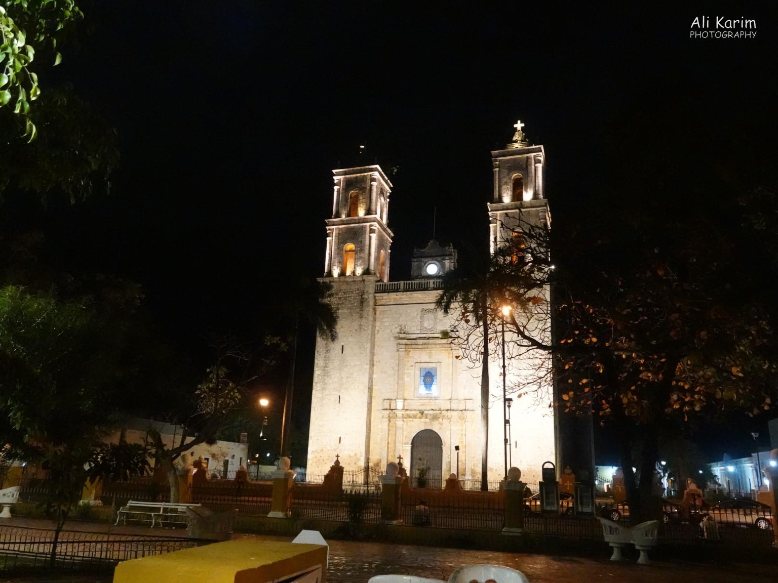 Nicely lit of cathedral in the zocalo Valladolid, Yucatan, Mexico Feb 2021, Nicely lit of cathedral in the zocalo