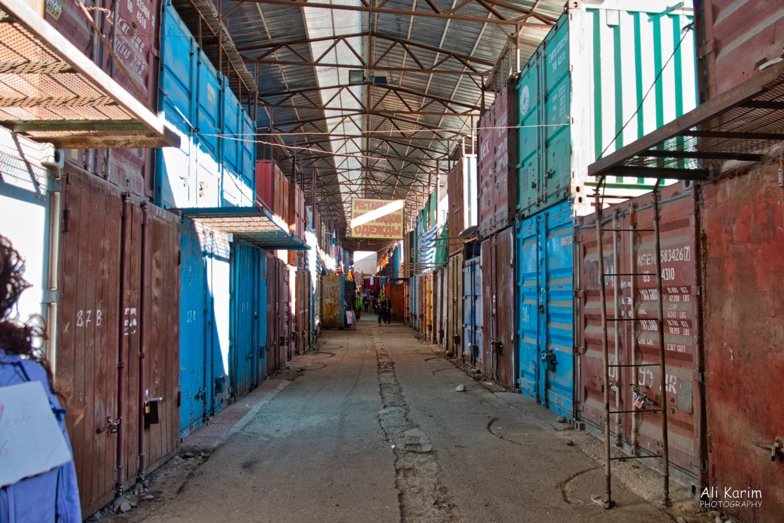 Double stacked container stalls of the market, waiting to open for trade Silk Road 14 Bishkek Double stacked container stalls of the market, waiting to open for trade