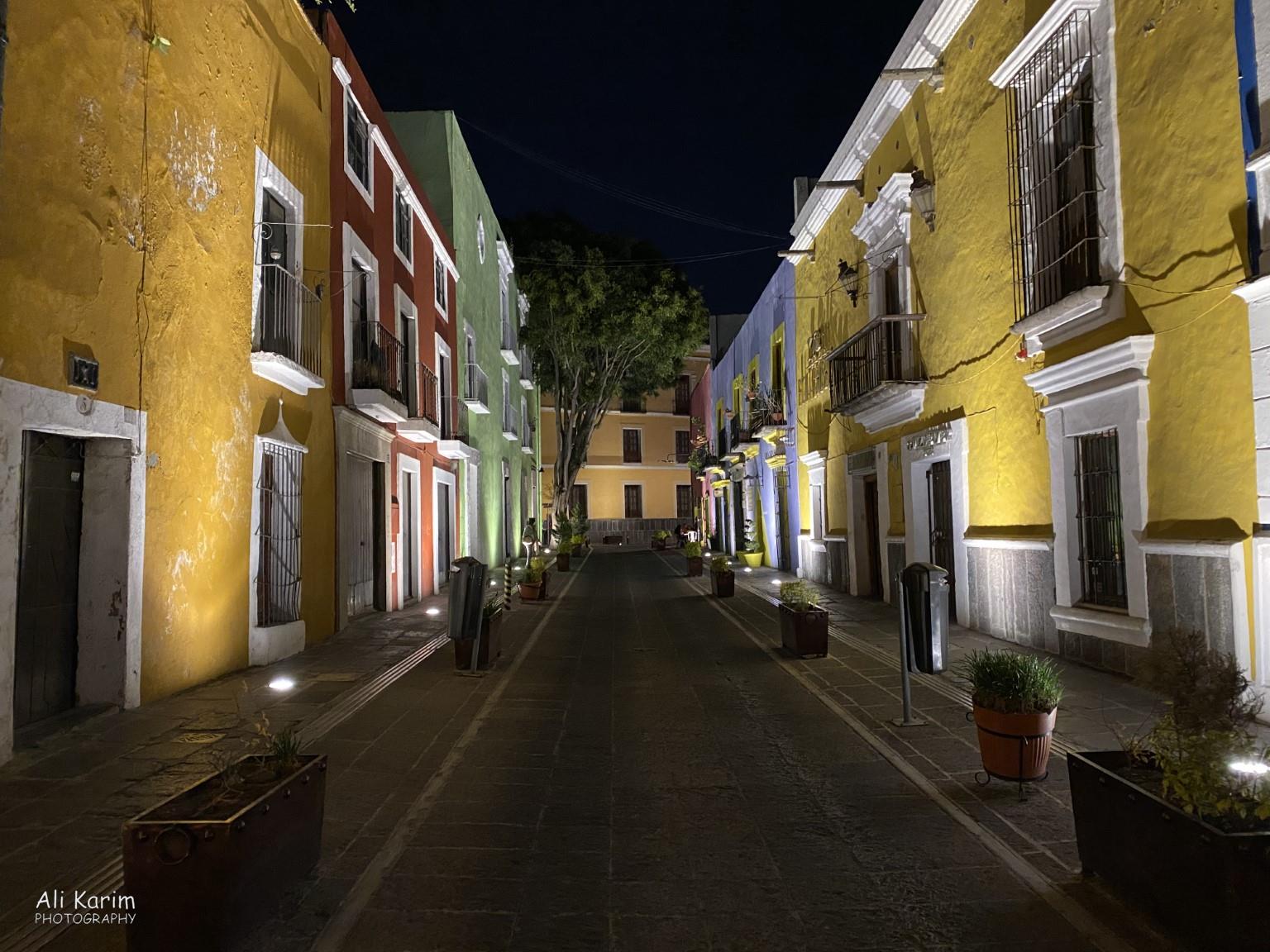 Street scene at night Puebla, Mexico Dec 2020, Street scene at night