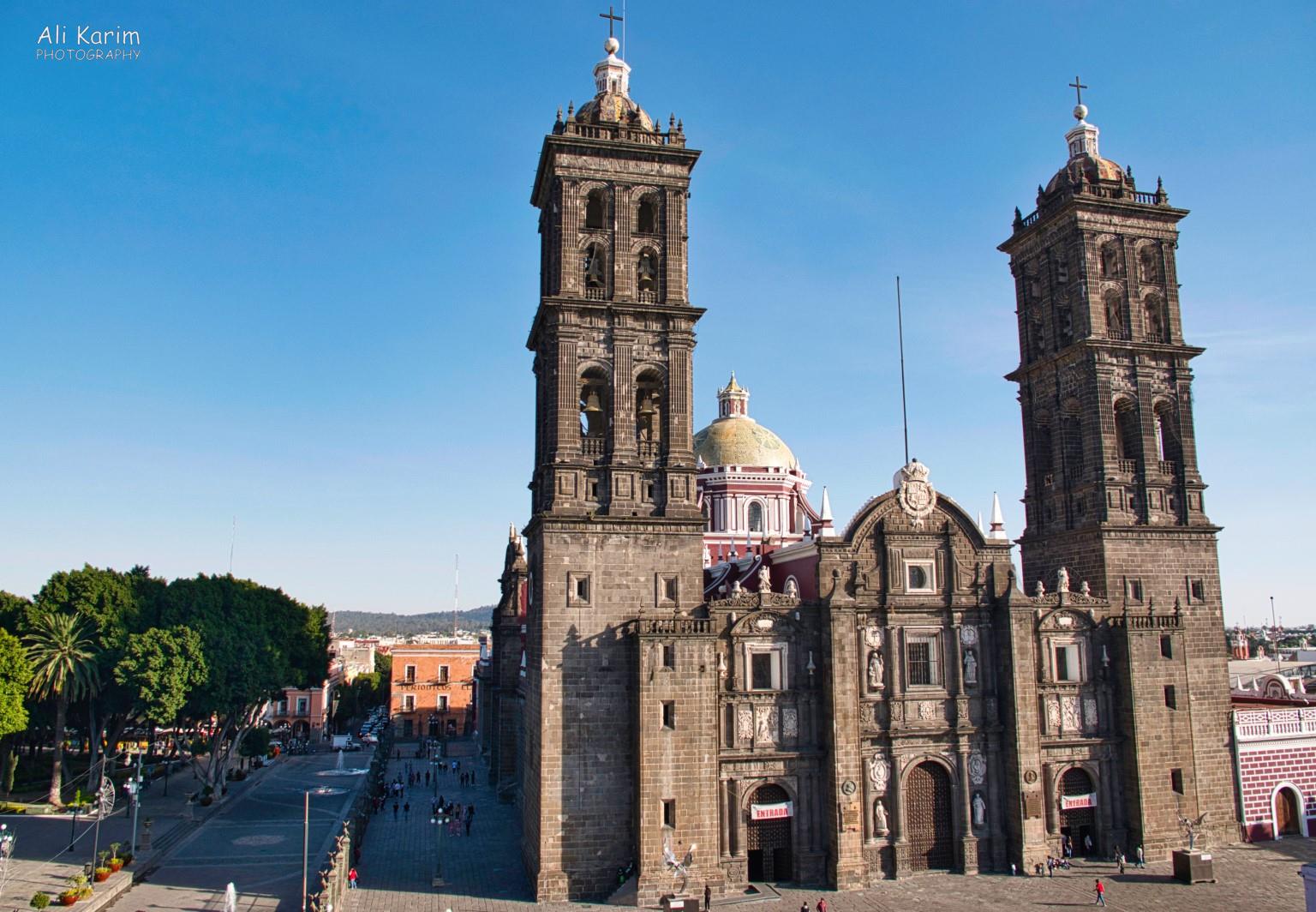 Puebla Cathedral with 2 bell towers and a large tiled cupola Puebla, Mexico Dec 2020, Puebla Cathedral with 2 bell towers and a large tiled cupola