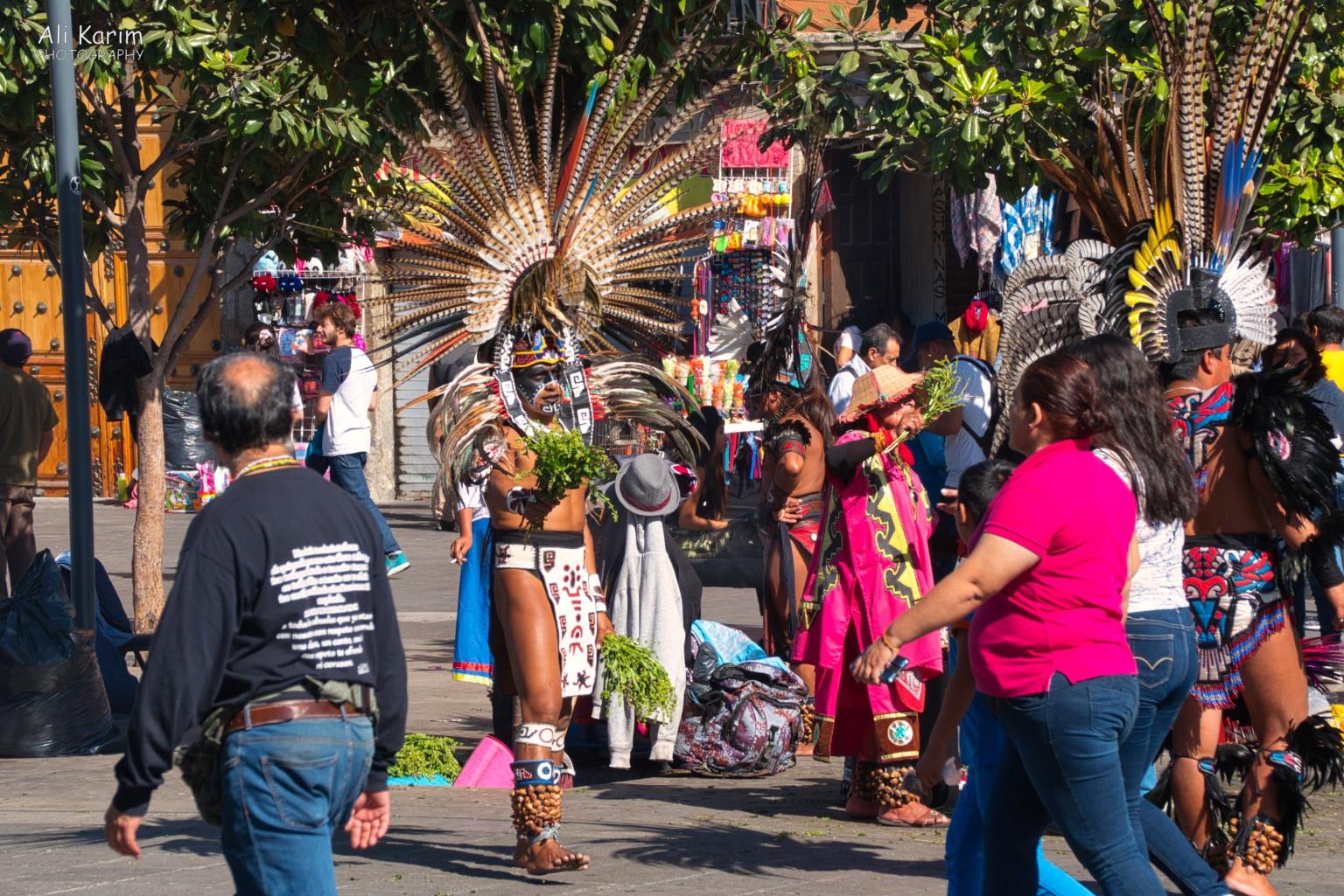 Street entertainment by the indigenous tribes selling shamanic ailment cures in the Zocalo Mexico City, Mexico, Dec 2019, Street entertainment by the indigenous tribes selling shamanic ailment cures in the Zocalo