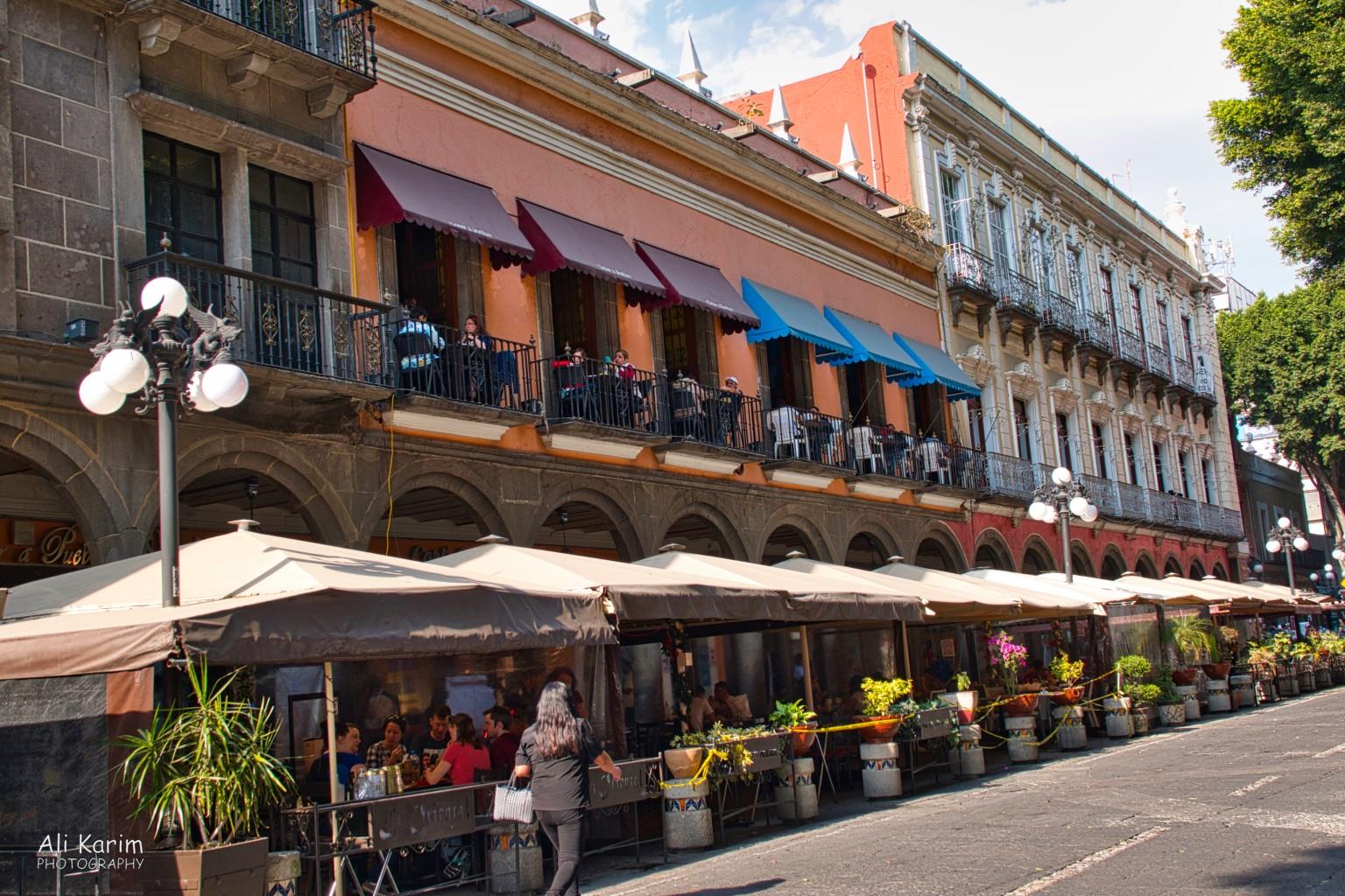 Puebla, Mexico Dec 2020, Street along the Zocalo; outdoor restaurants were busy