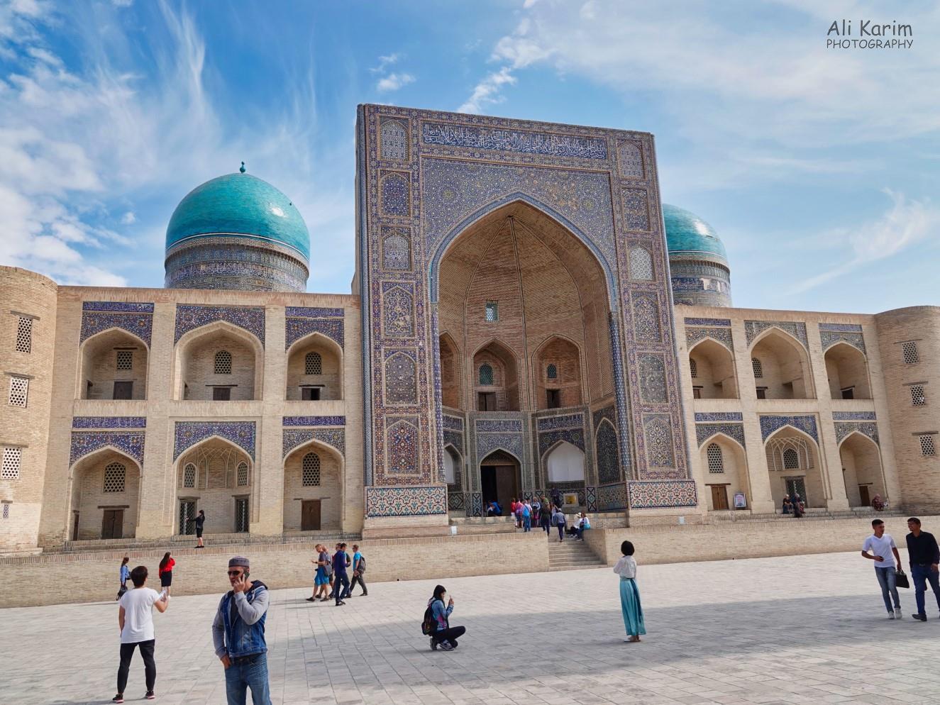 The Mir Arab Madrassah, with its 2 blue tiled domes, was across the square from the mosque Bukhara, Oct 2019, The Mir Arab Madrassah, with its 2 blue tiled domes, was across the square from the mosque