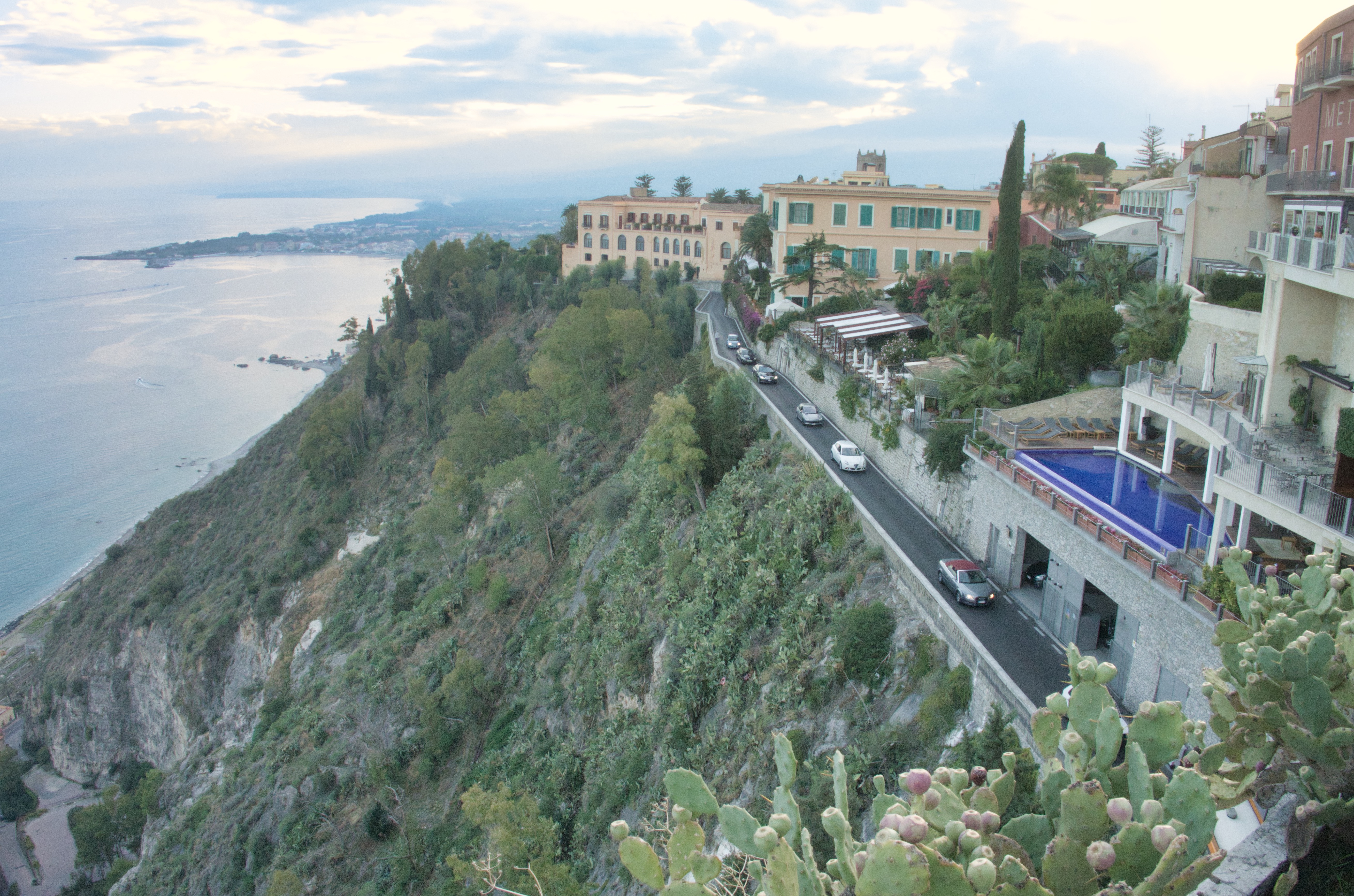 View of Taormina hillside and road View of Taormina hillside and road