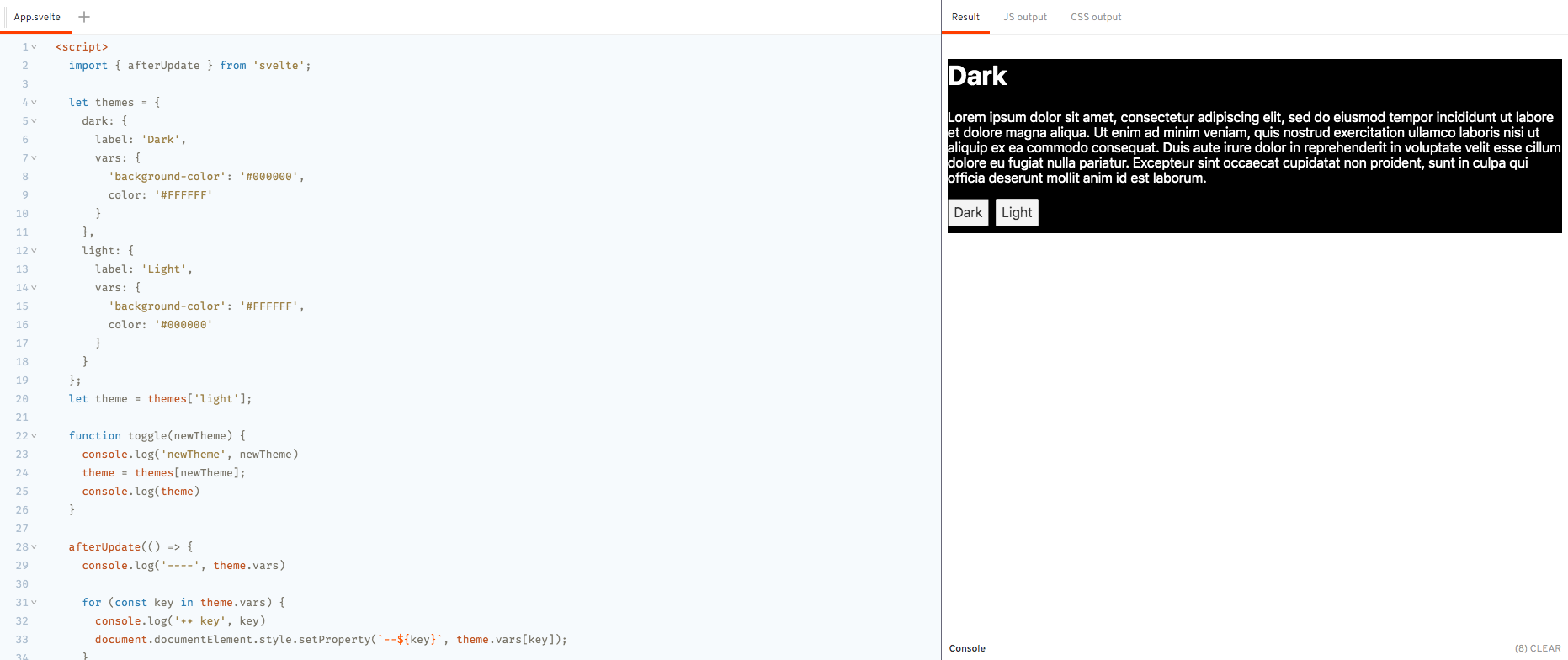 Demo - `afterUpdate` Lifecycle Method - Theme Toggle - Toggled to Dark
