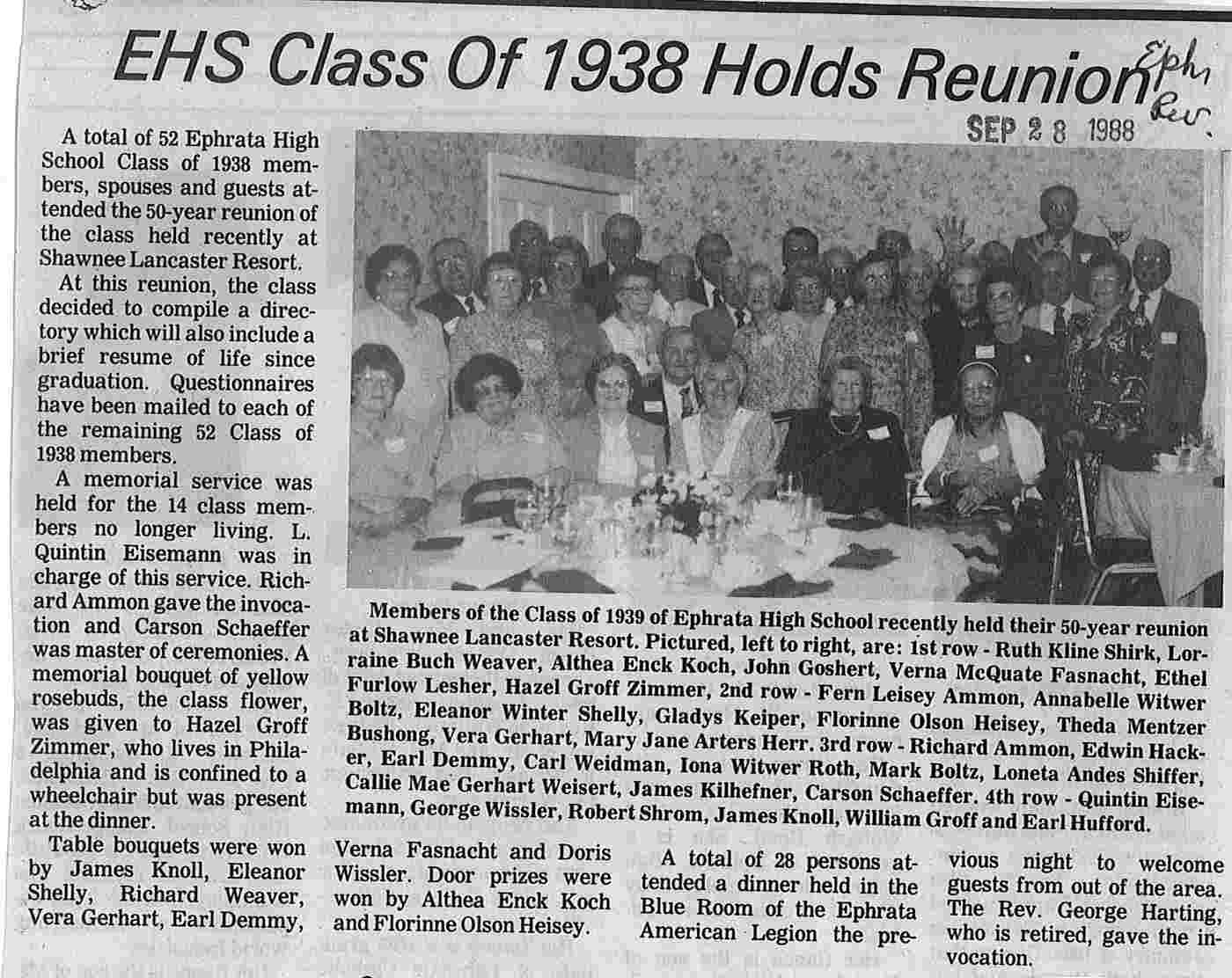 Ephrata High School 1938 Class Reunion in 1988 Mennonite Life