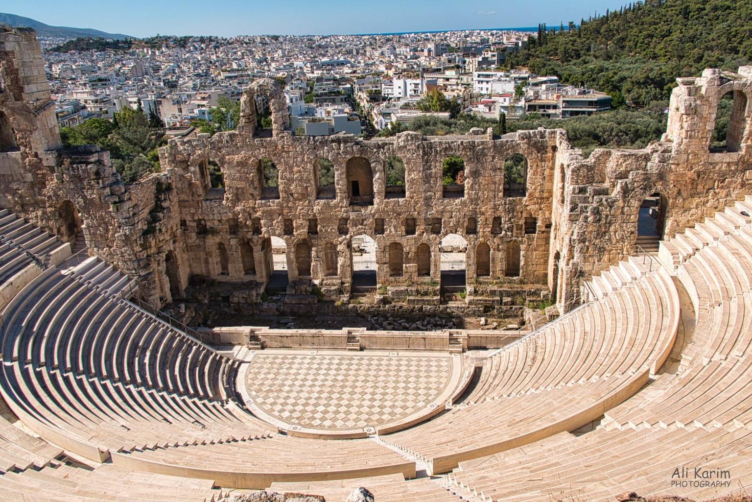 Athens, Greece, June, 2021, The restored Herodes Atticus Odeon, also at the base of the Acropolis; used today for concerts etc.