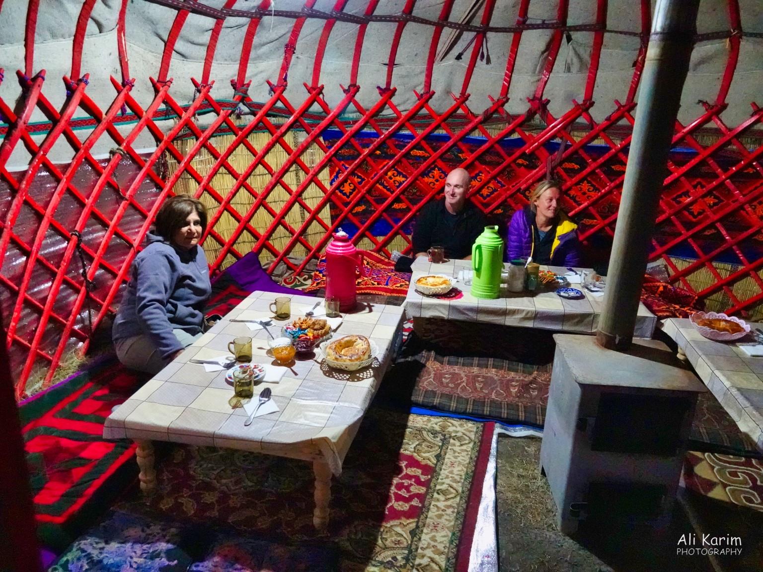 Dining tent with an Australian couple and our guide and driver. We were the only residents here that night, as it was nearing the end of the tourist season Silk Road 16: More Osh, Kyrgyzstan Dining tent with an Australian couple and our guide and driver. We were the only residents here that night, as it was nearing the end of the tourist season