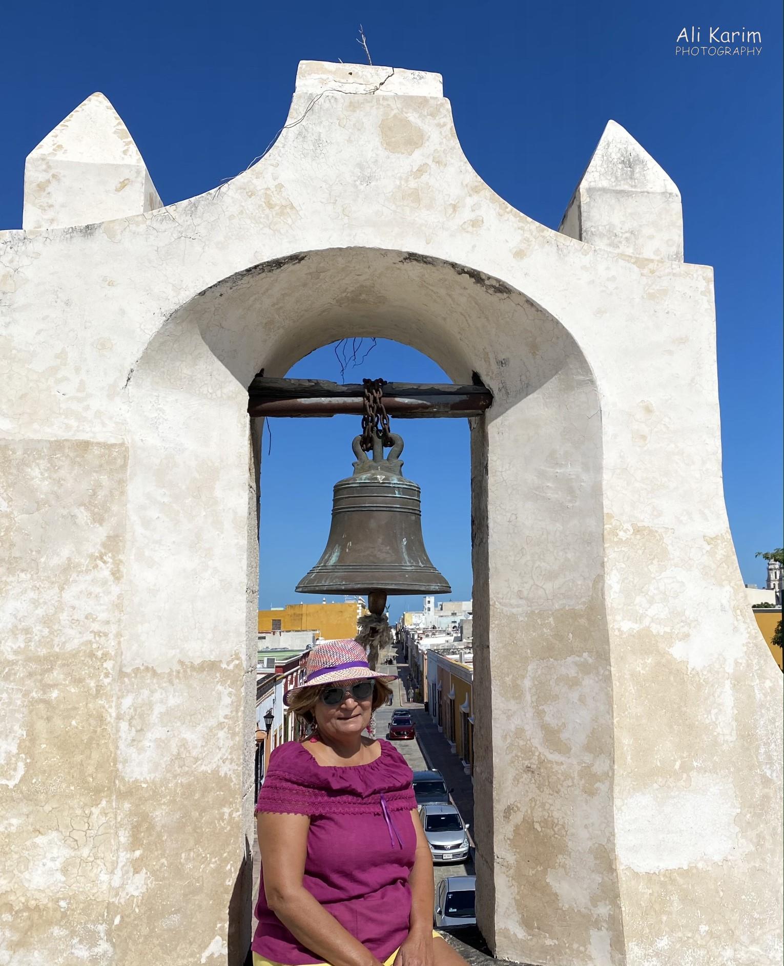 Well preserved City wall and bell warning system for emergency notifications to the townsfolk Mérida & Campeche, Yucatan Peninsula, Mexico, Feb 2021, Well preserved City wall and bell warning system for emergency notifications to the townsfolk