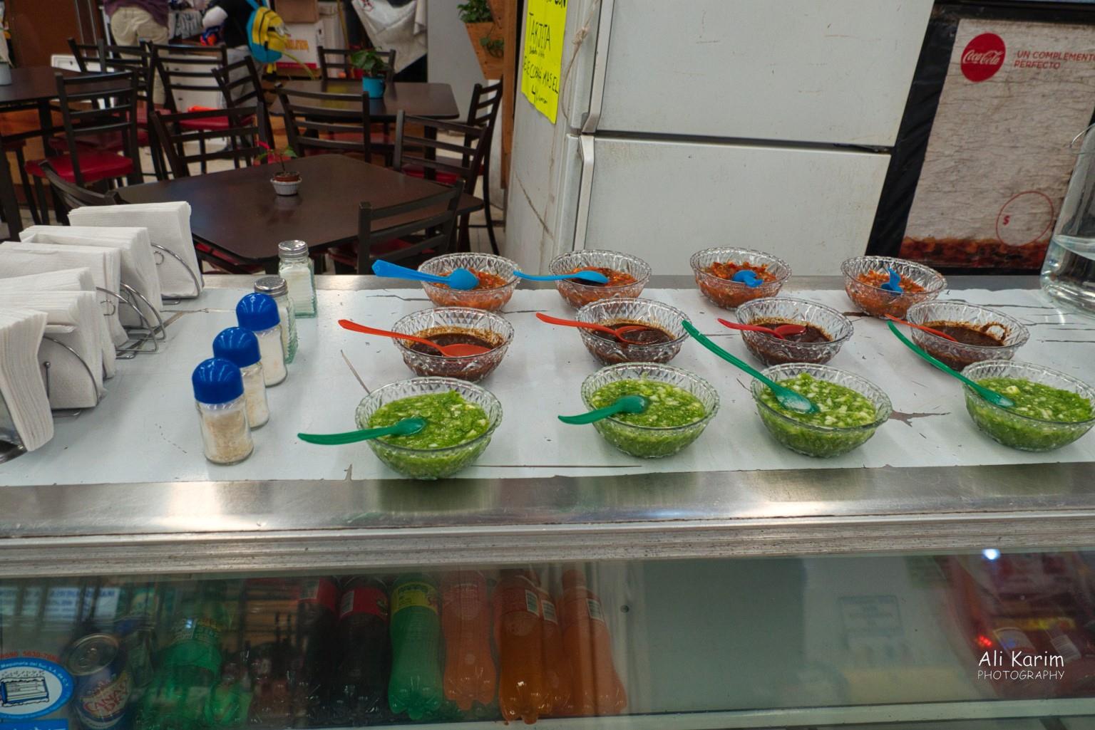 These salsa’s looked inviting & dangerous at the same time Mexico City, Mexico, Dec 2019, These salsa’s looked inviting & dangerous at the same time