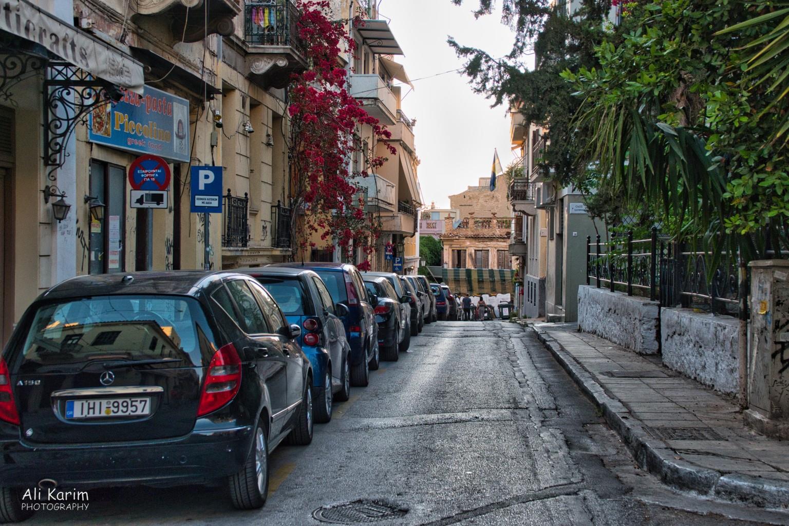 Parking is always a premium in the narrow streets of the old city More Athens, Greece, May 2021, Parking is always a premium in the narrow streets of the old city