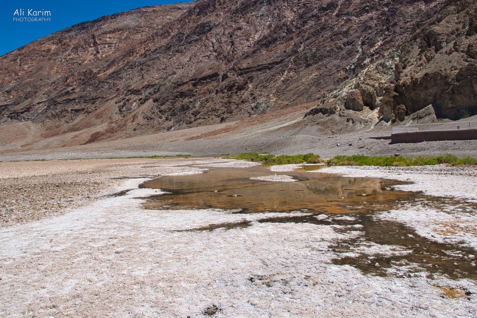 Badwater pool and the saline deposits around it left over after the water evaporated. The water was very salty Death Valley National Park, June 2020, Badwater pool and the saline deposits around it left over after the water evaporated. The water was very salty