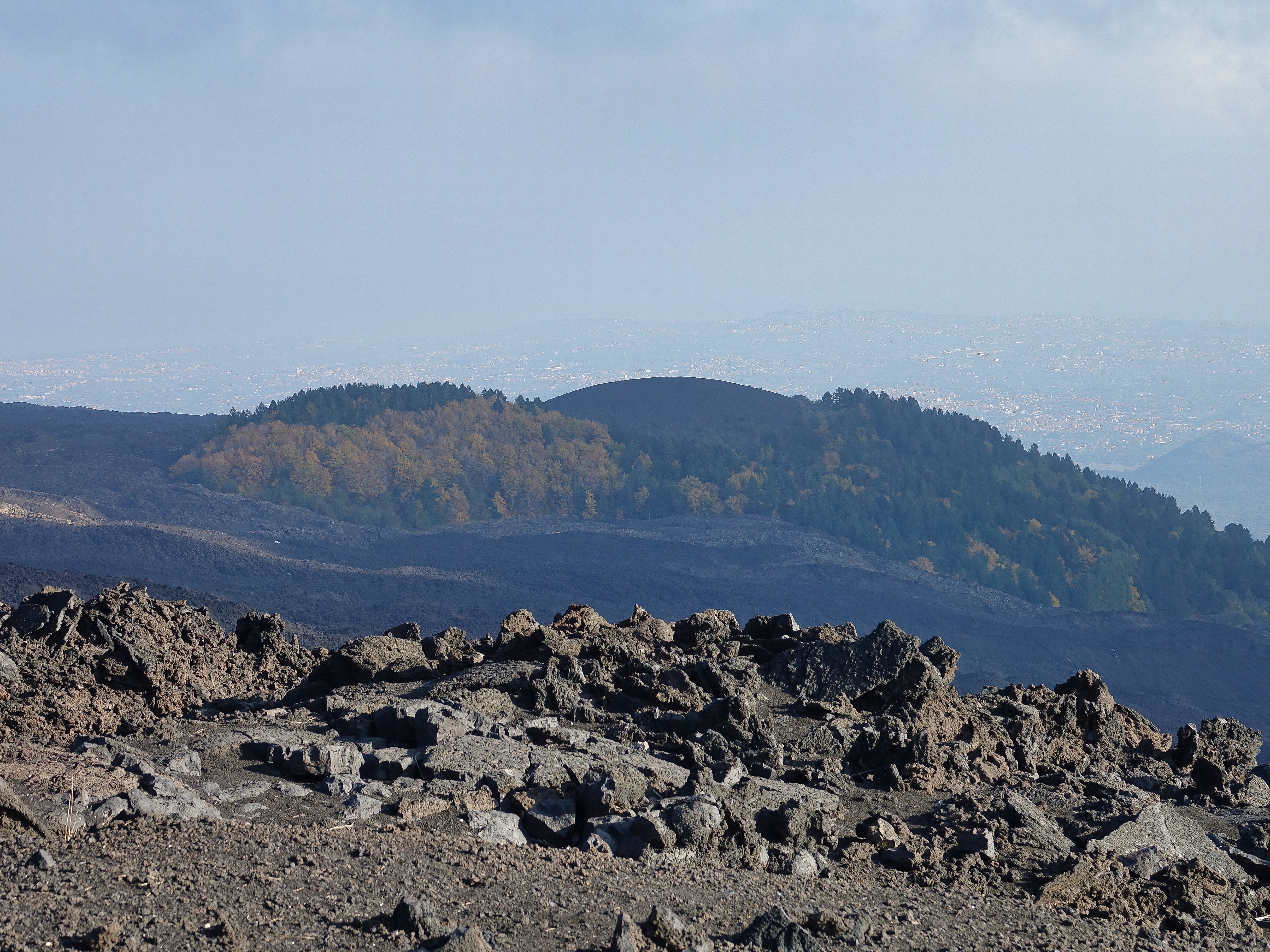View from Mt Etna, barren lava rock and the occasional small forest View from Mt Etna, barren lava rock and the occasional small forest