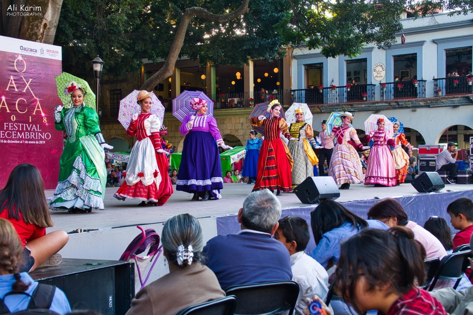 Stage area dance performances; very colorful & elaborate costumes Oaxaca, Mexico Stage area dance performances; very colorful & elaborate costumes