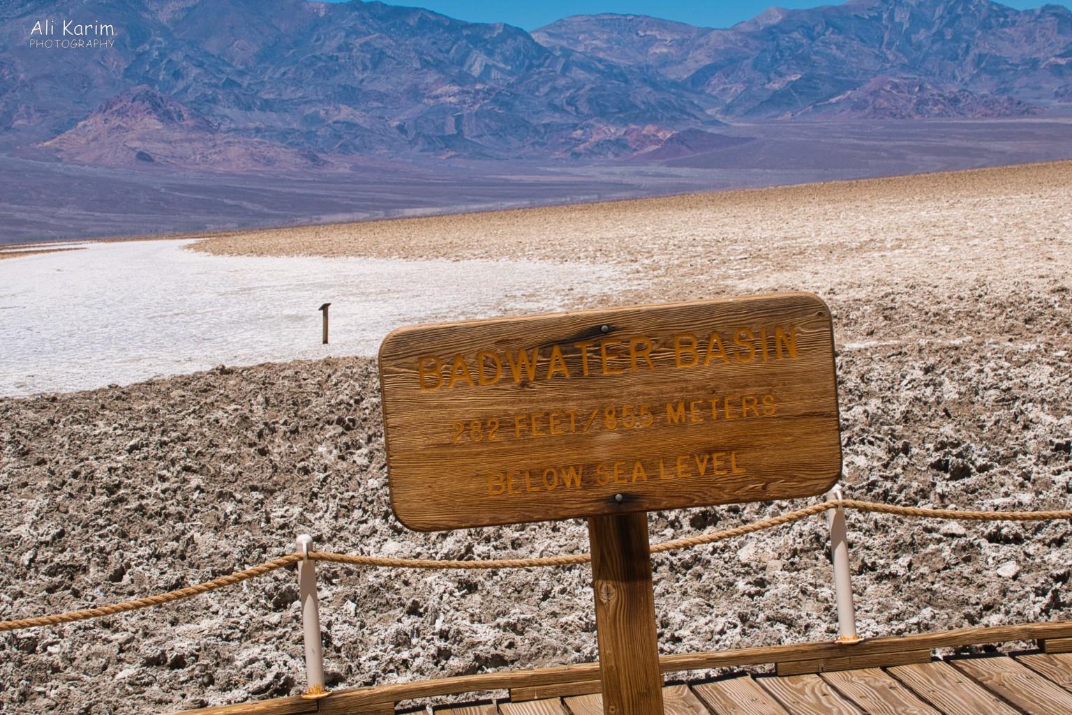 Death Valley National Park, June 2020, Badwater Basin, 282ft below Sea level, with salt flats behind