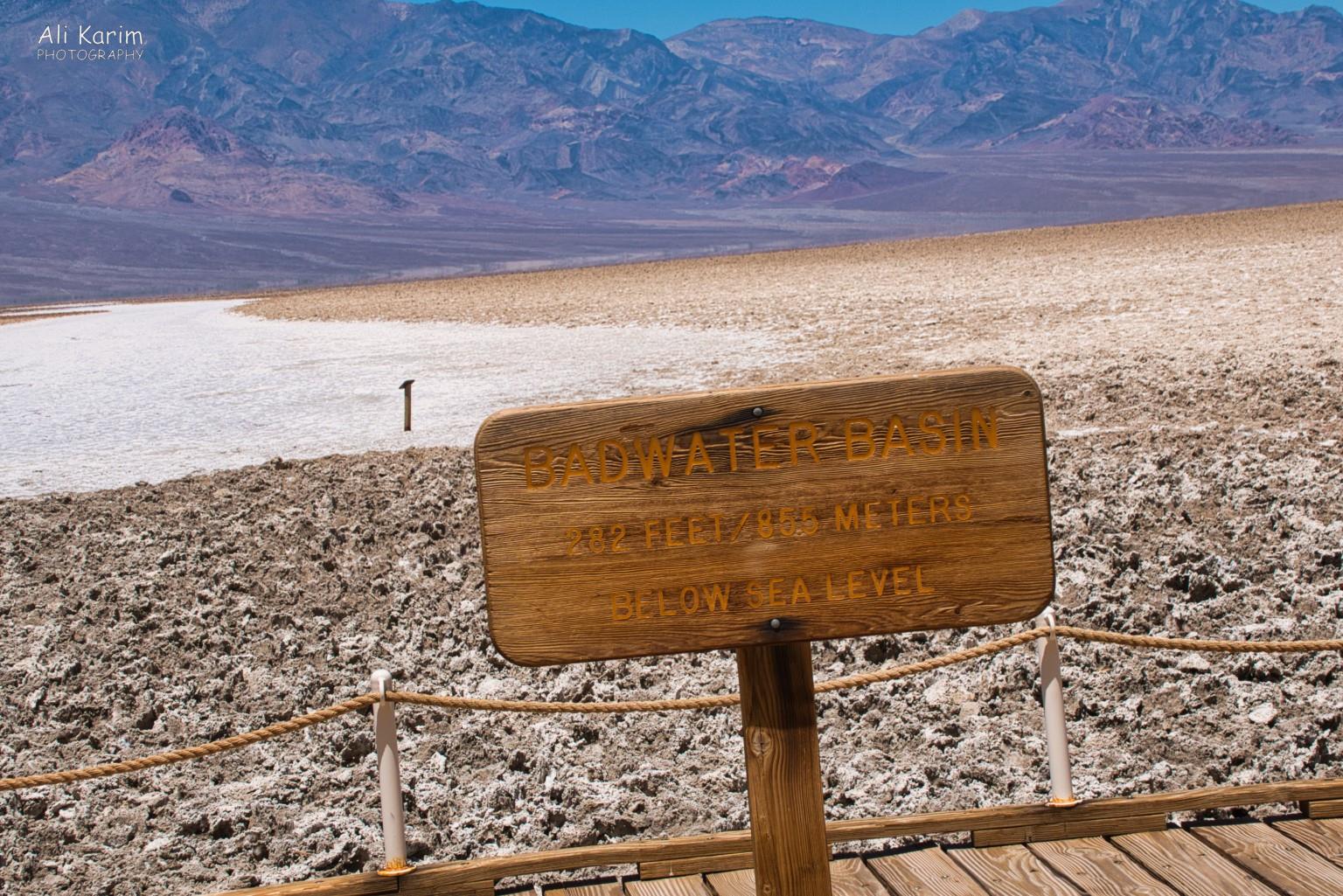 Badwater Basin, 282ft below Sea level, with salt flats behind Death Valley National Park, June 2020, Badwater Basin, 282ft below Sea level, with salt flats behind