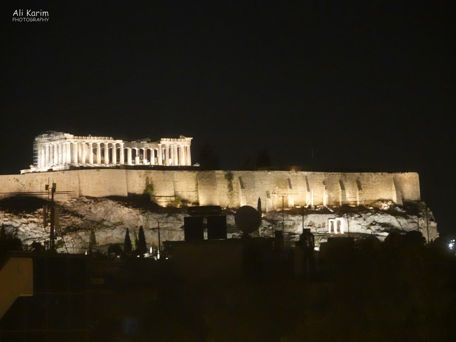 Athens, Greece, June, 2021, Night view of the Parthenon on the Acropolis from the city