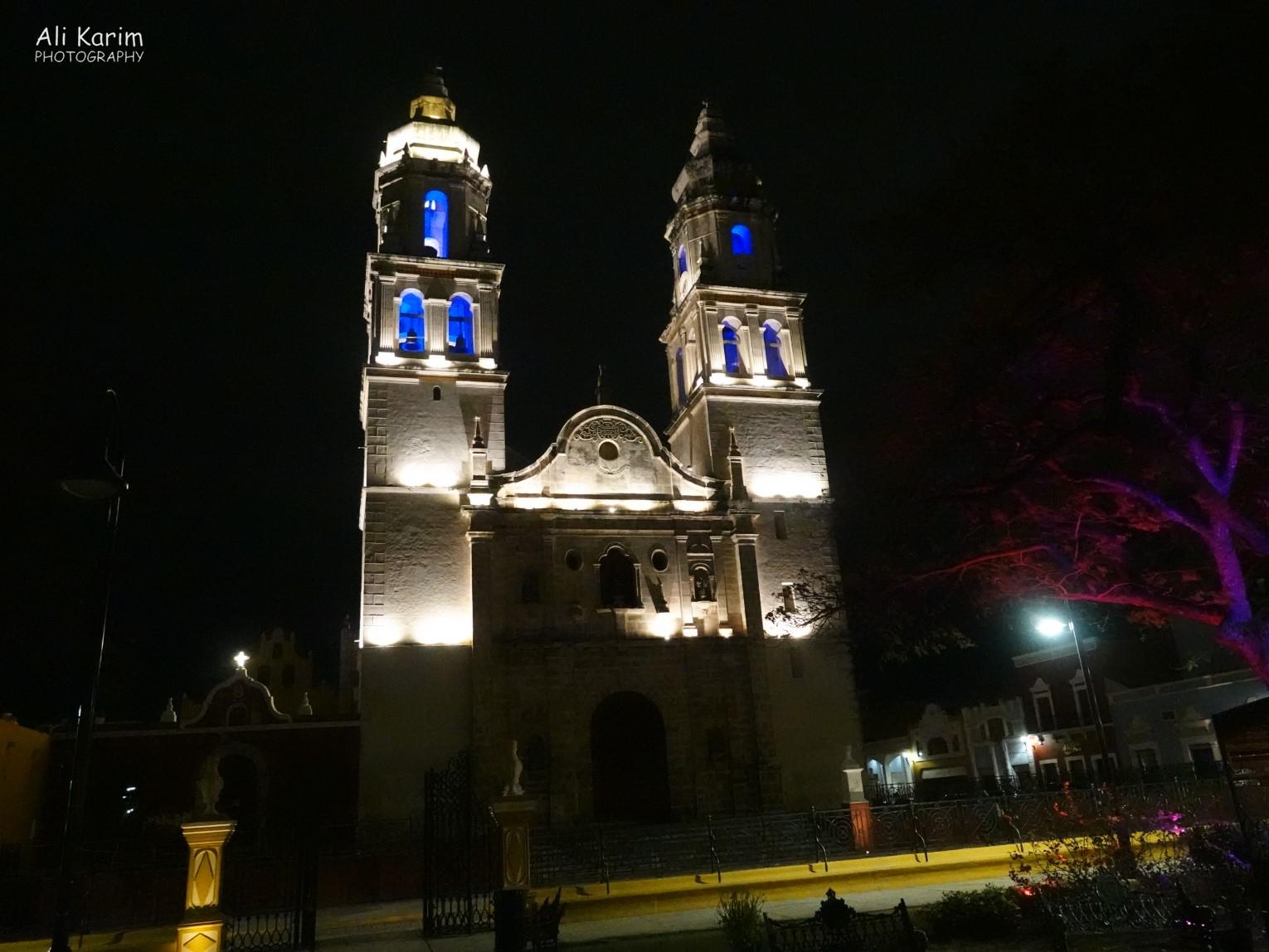 Mérida  & Campeche, Yucatan Peninsula, Mexico, Feb 2021, San Francisco de Campeche Cathedral at night