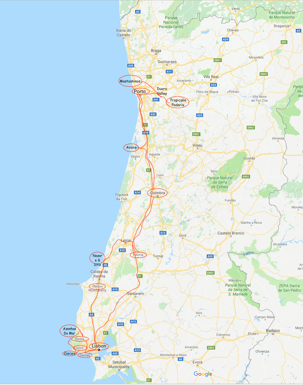 Full Portugal trip map Porto Full Portugal trip map