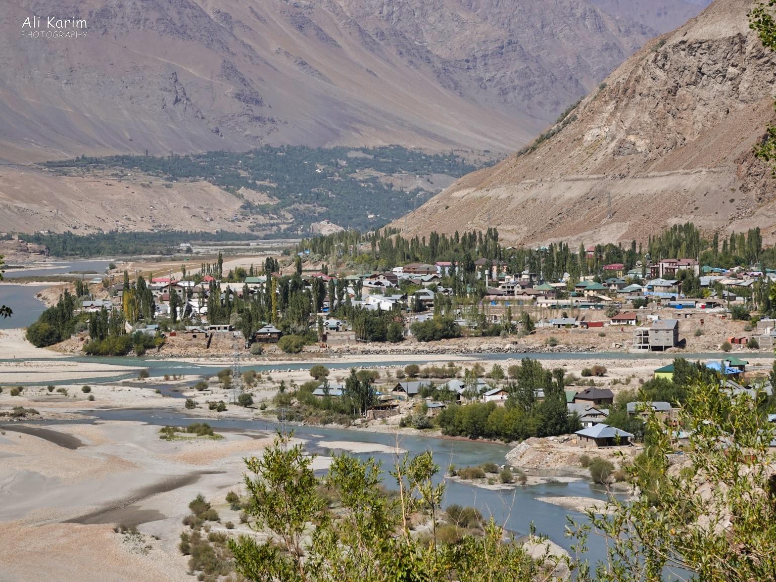 Entrance into Khorog along the Pamir highway, at the confluence of the Panj and Gunt rivers Onto Khorog, Tajikistan, Entrance into Khorog along the Pamir highway, at the confluence of the Panj and Gunt rivers