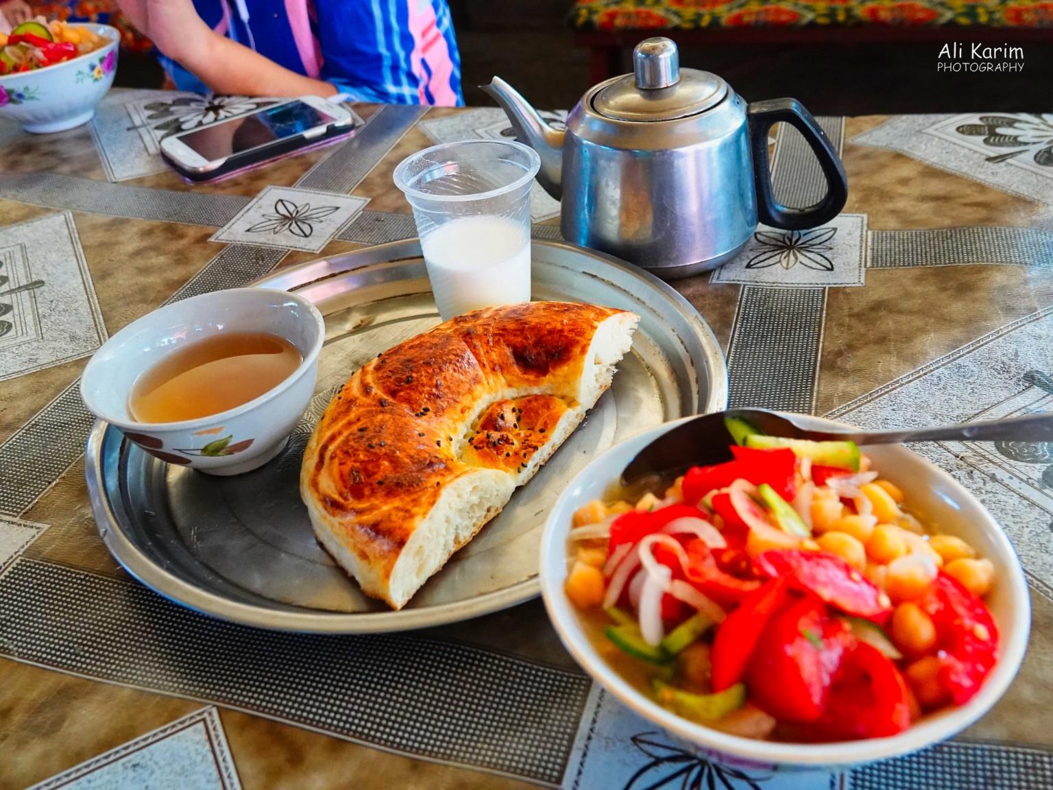 Kumus snack, came with bread and tea, a sweet milky drink that I did not like, and one samsa; cost was $1.75 Silk Road 15: Osh, Kyrgyzstan Kumus snack, came with bread and tea, a sweet milky drink that I did not like, and one samsa; cost was $1.75