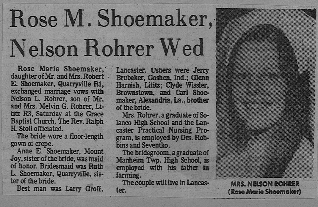 Nelson Rohrer Marriage-Rohrer Nelson L and Shoemaker Rose Marie – Mennonite Life