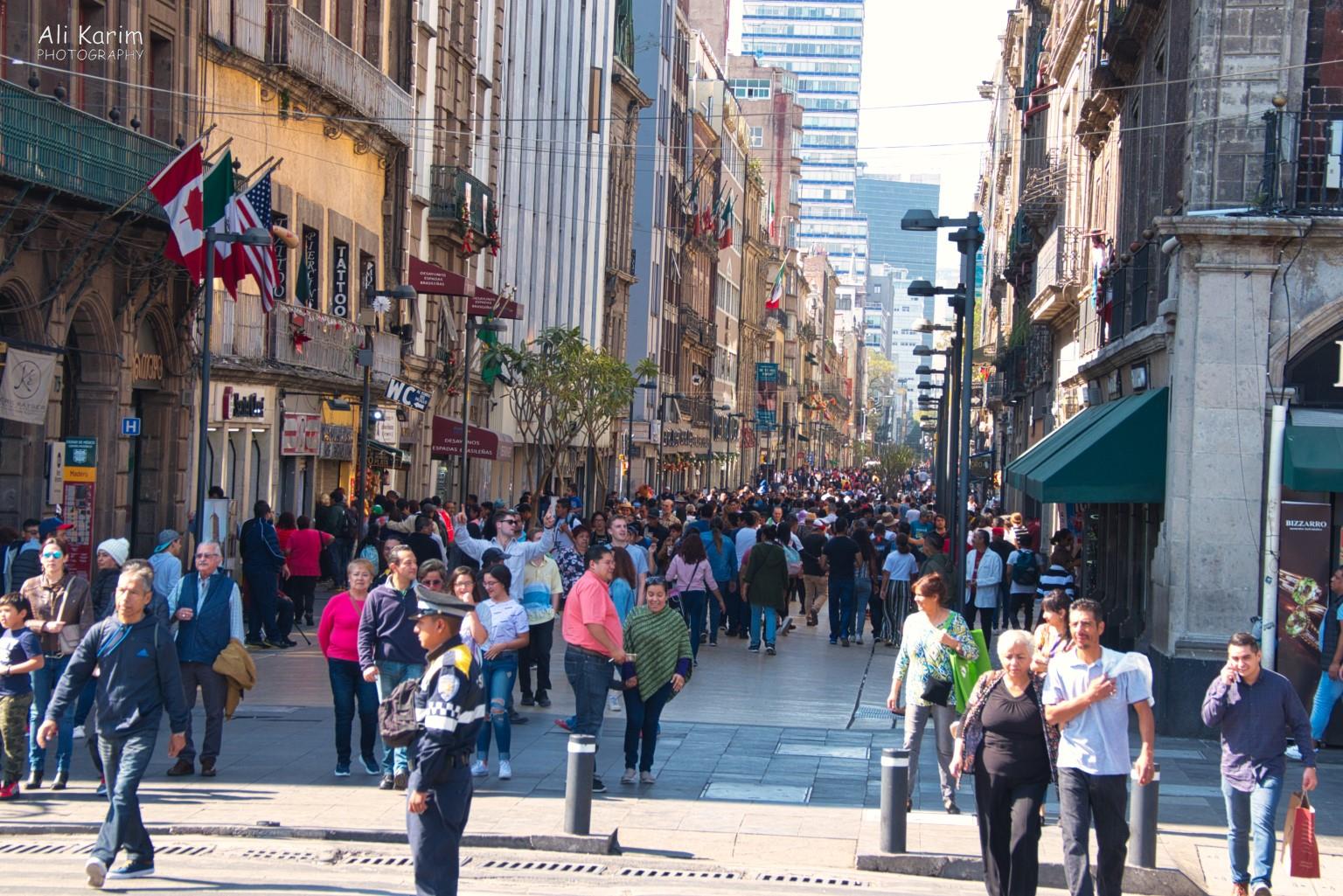 Busy pedestrian street leading to the Plaza de la Constitución (or Zocalo) Mexico City, Mexico, Dec 2019, Busy pedestrian street leading to the Plaza de la Constitución (or Zocalo)