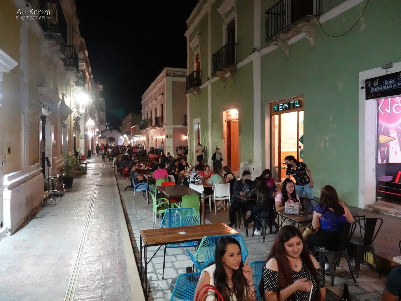 Mérida  & Campeche, Yucatan Peninsula, Mexico, Feb 2021, Lively night dining on the streets