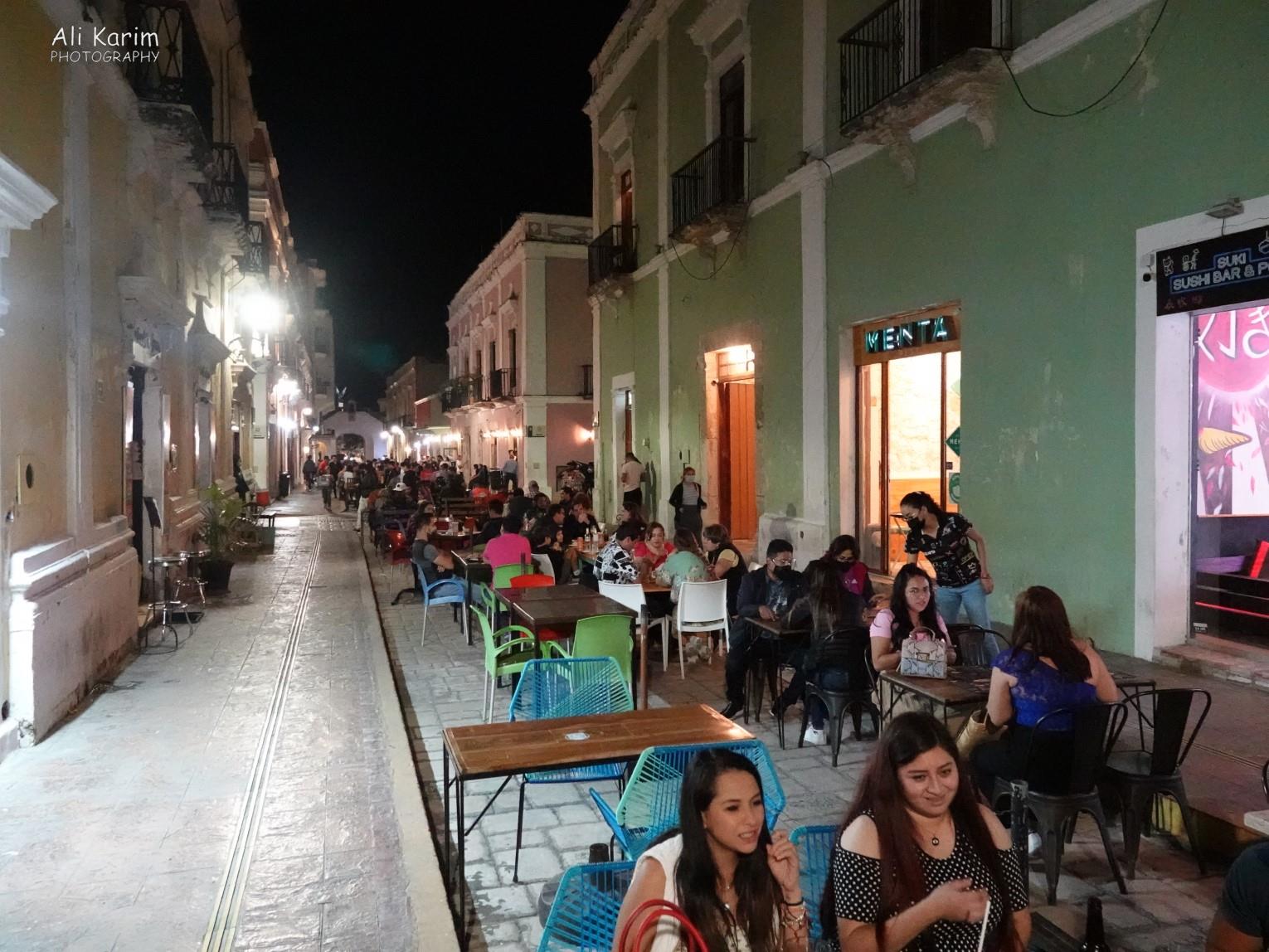 Lively night dining on the streets Mérida & Campeche, Yucatan Peninsula, Mexico, Feb 2021, Lively night dining on the streets