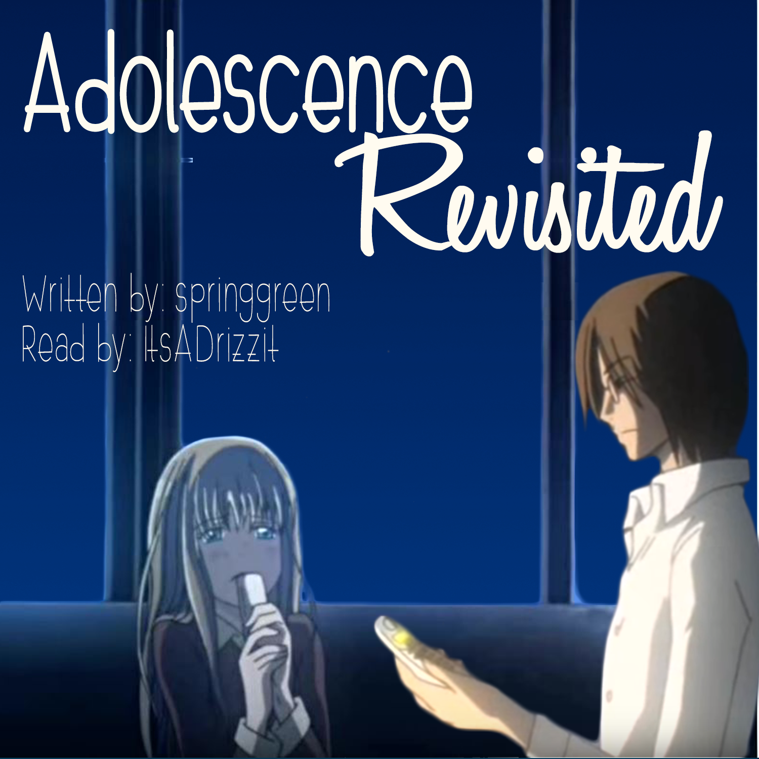 Adolescence Revisited cover featuring an image of Yamada crying on the phone with Nomiya standing on the side holding a phone.