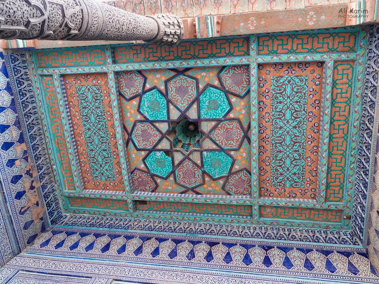 Khiva, Oct 2019, Beautiful tilework on ceiling of an alcove inside the Tosh-Hovli Palace; the home of the Khan of Khiva