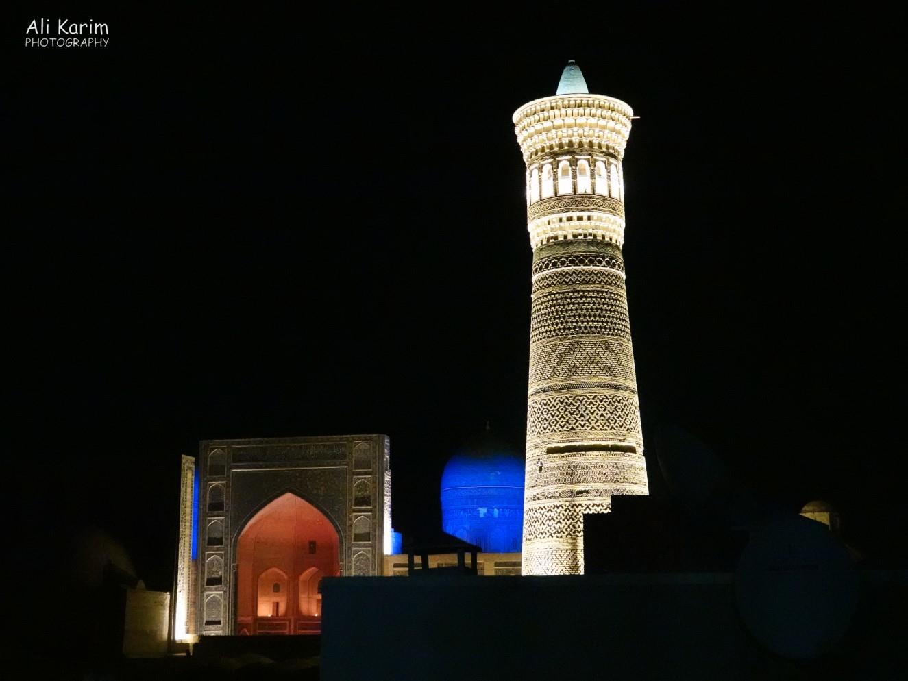 Kalyan minaret and the Mir Arab Madrassah behind it Bukhara, Oct 2019, Kalyan minaret and the Mir Arab Madrassah behind it